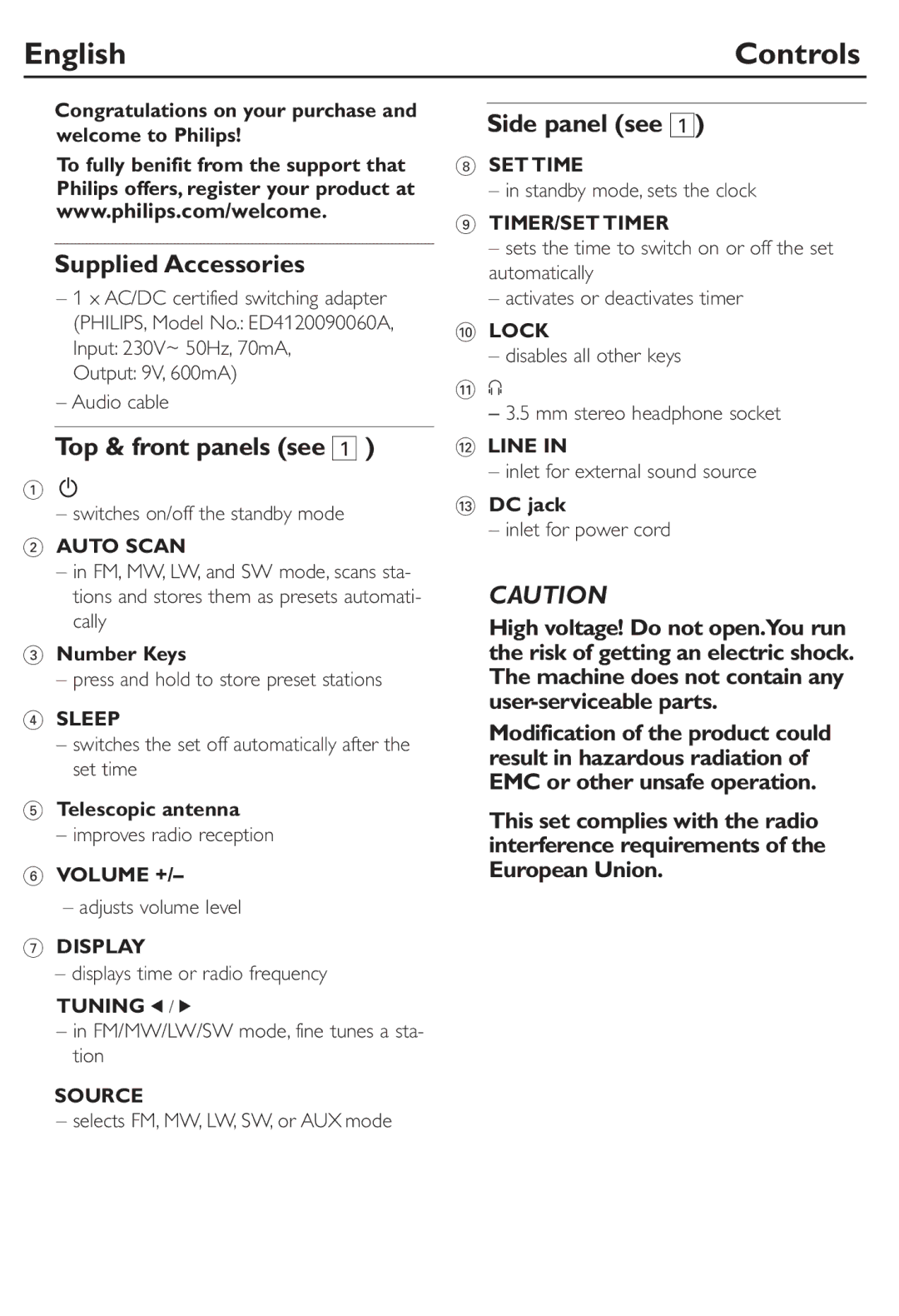 Philips AE2480 user manual English Controls, Supplied Accessories, Top & front panels see, Side panel see 