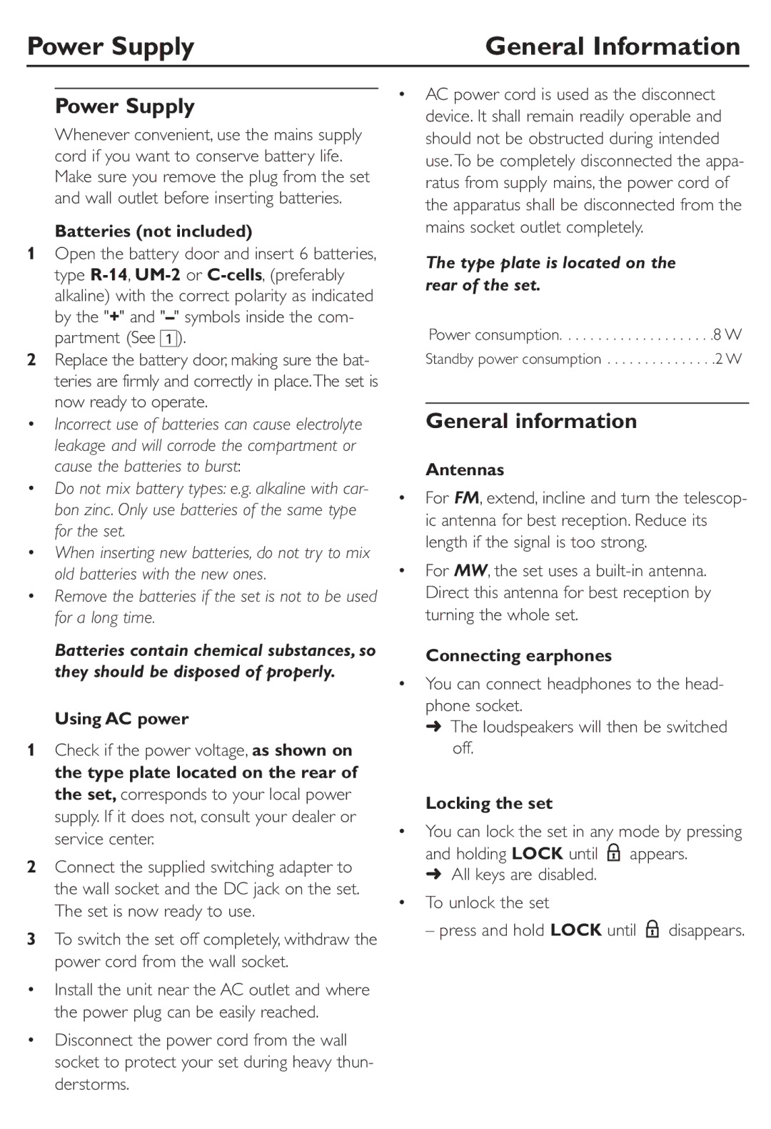 Philips AE2480 user manual Power Supply General Information, General information 