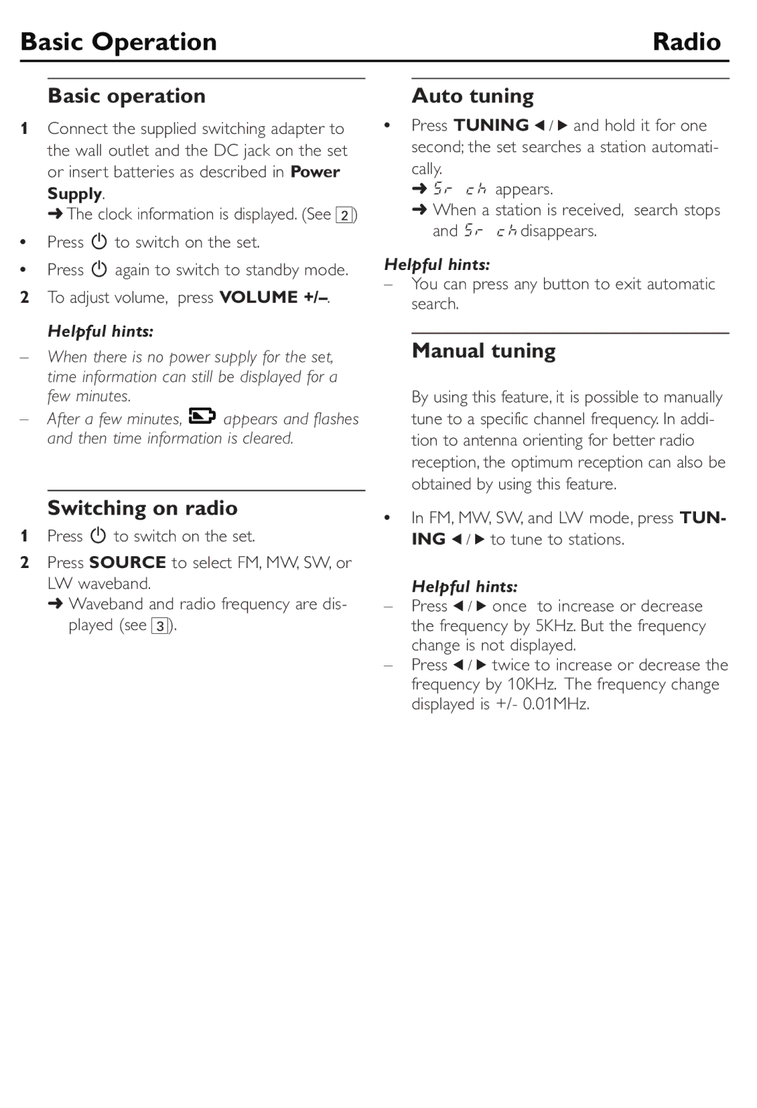 Philips AE2480 user manual Basic operation, Switching on radio, Auto tuning, Manual tuning 