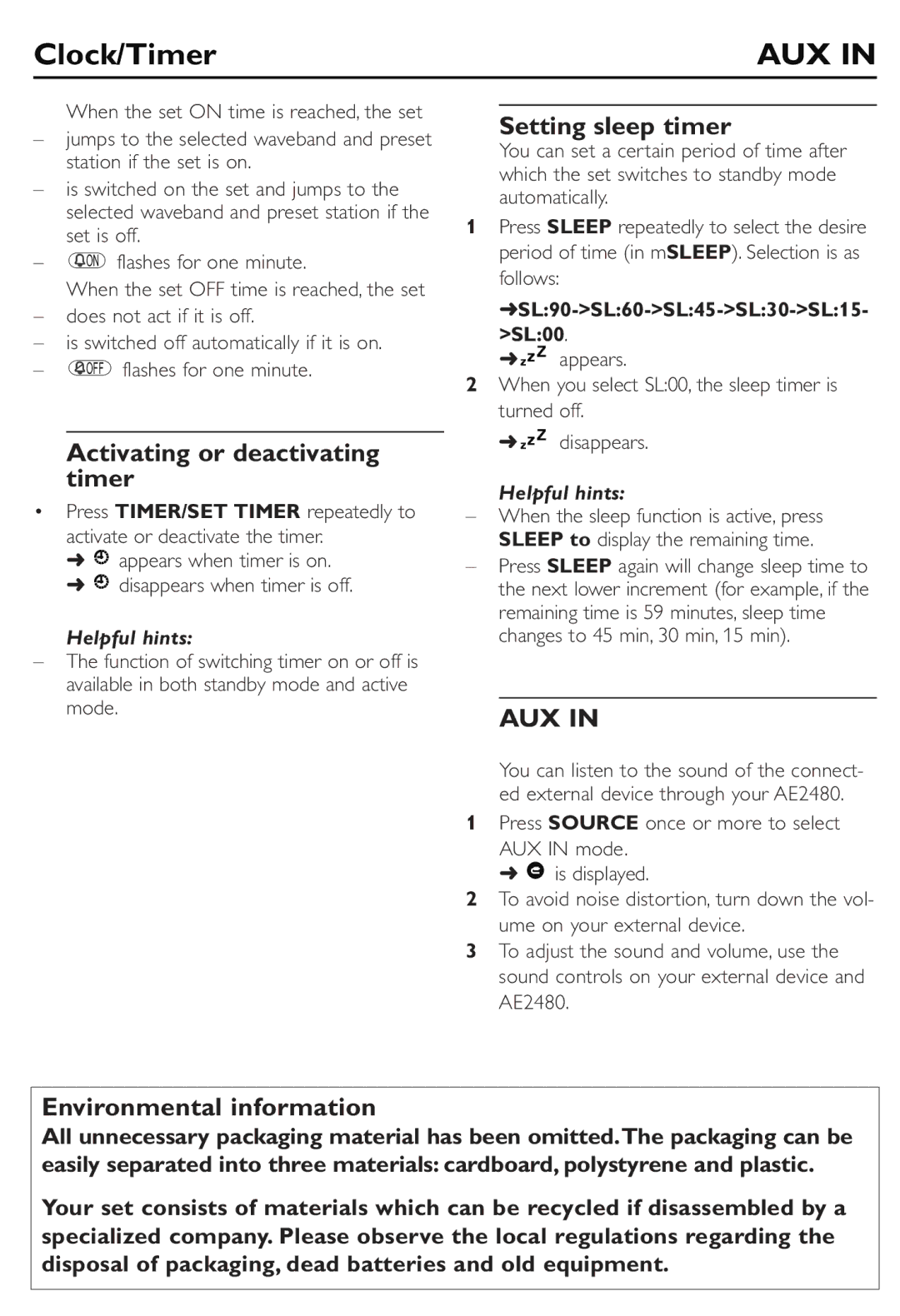 Philips AE2480 user manual Activating or deactivating timer, Setting sleep timer, Environmental information 