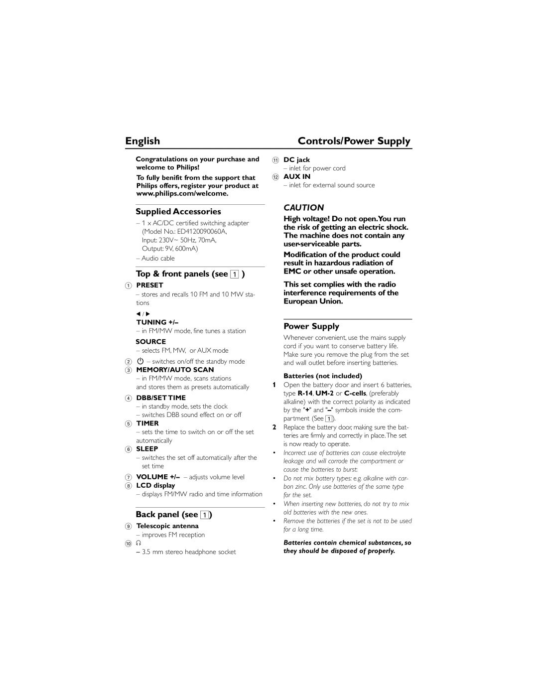 Philips AE2790 user manual English, Supplied Accessories, Top & front panels see, Back panel see, Power Supply 