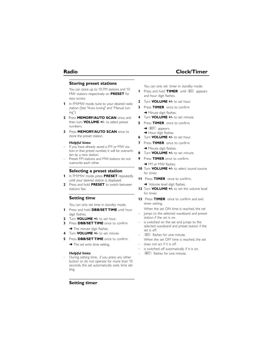 Philips AE2790 user manual Radio Clock/Timer, Storing preset stations, Selecting a preset station, Setting timer 