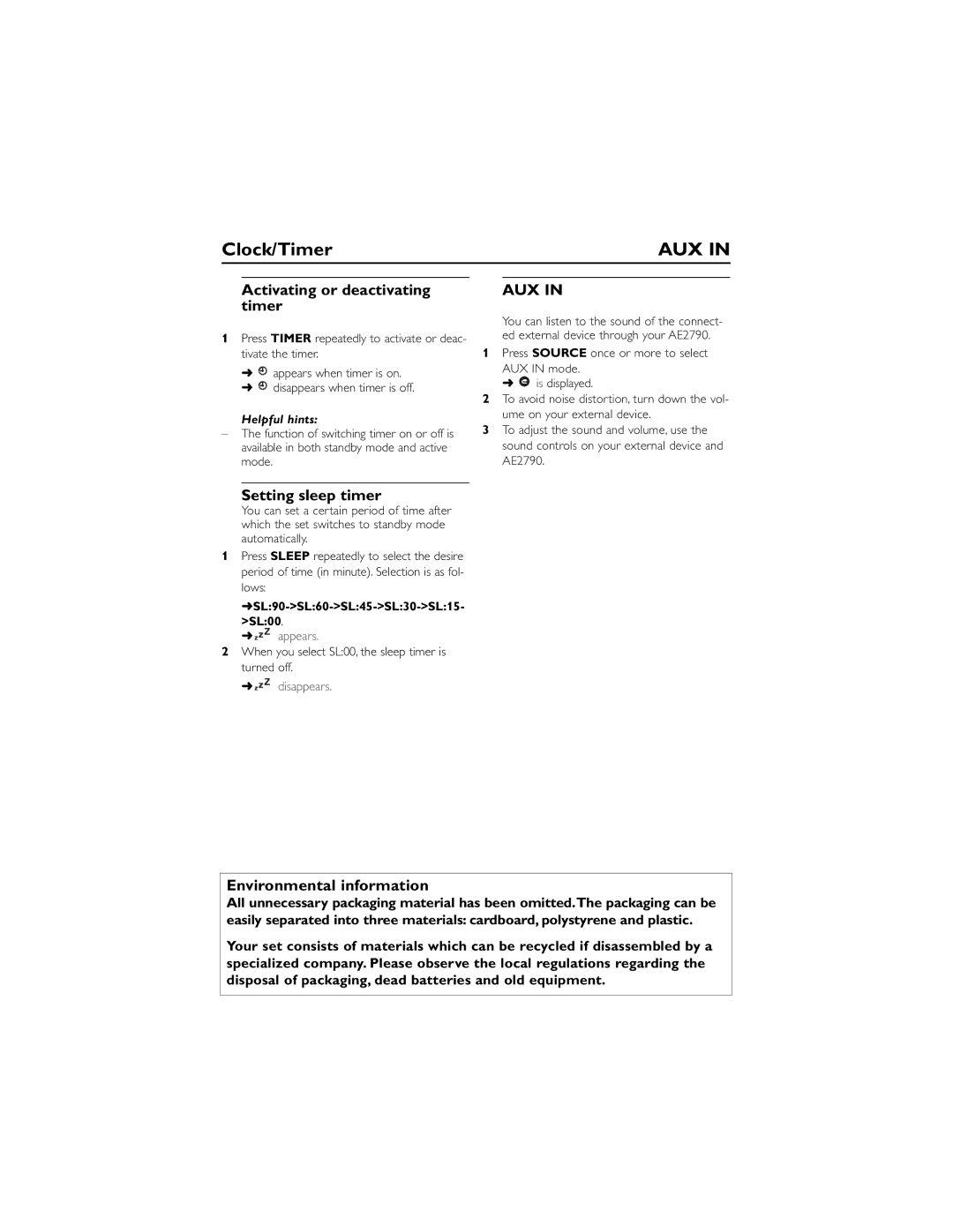 Philips AE2790 user manual Activating or deactivating timer, Setting sleep timer, Environmental information 