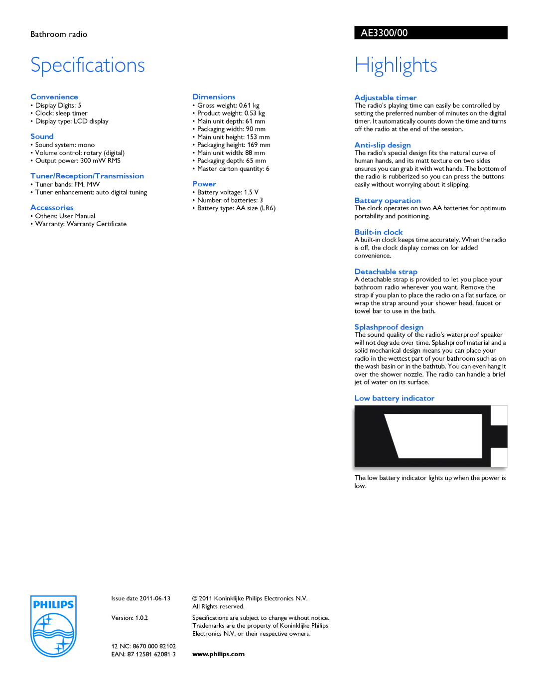 Philips AE3300 manual Specifications, Highlights 