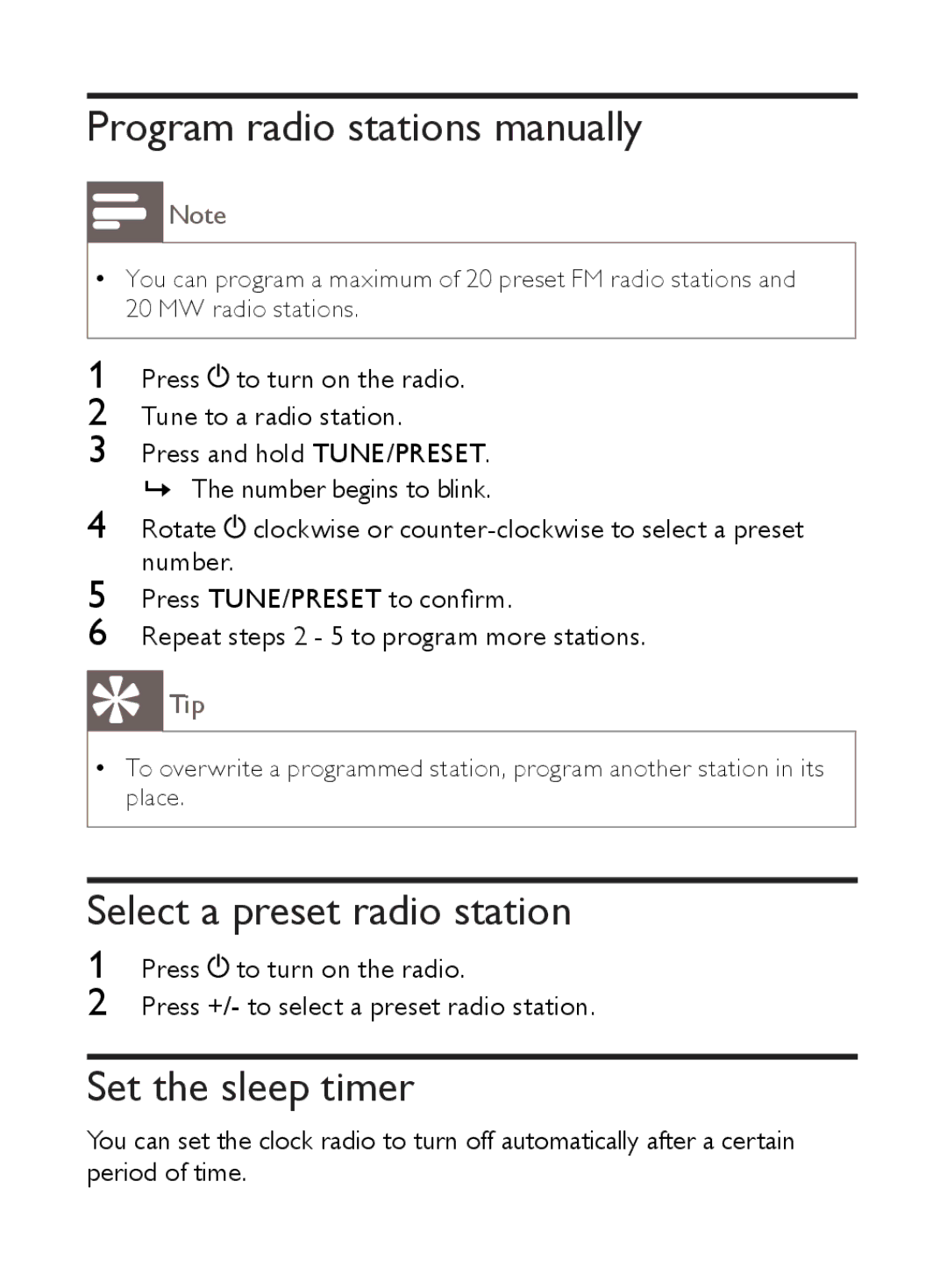 Philips AE3300 user manual Program radio stations manually, Select a preset radio station, Set the sleep timer 