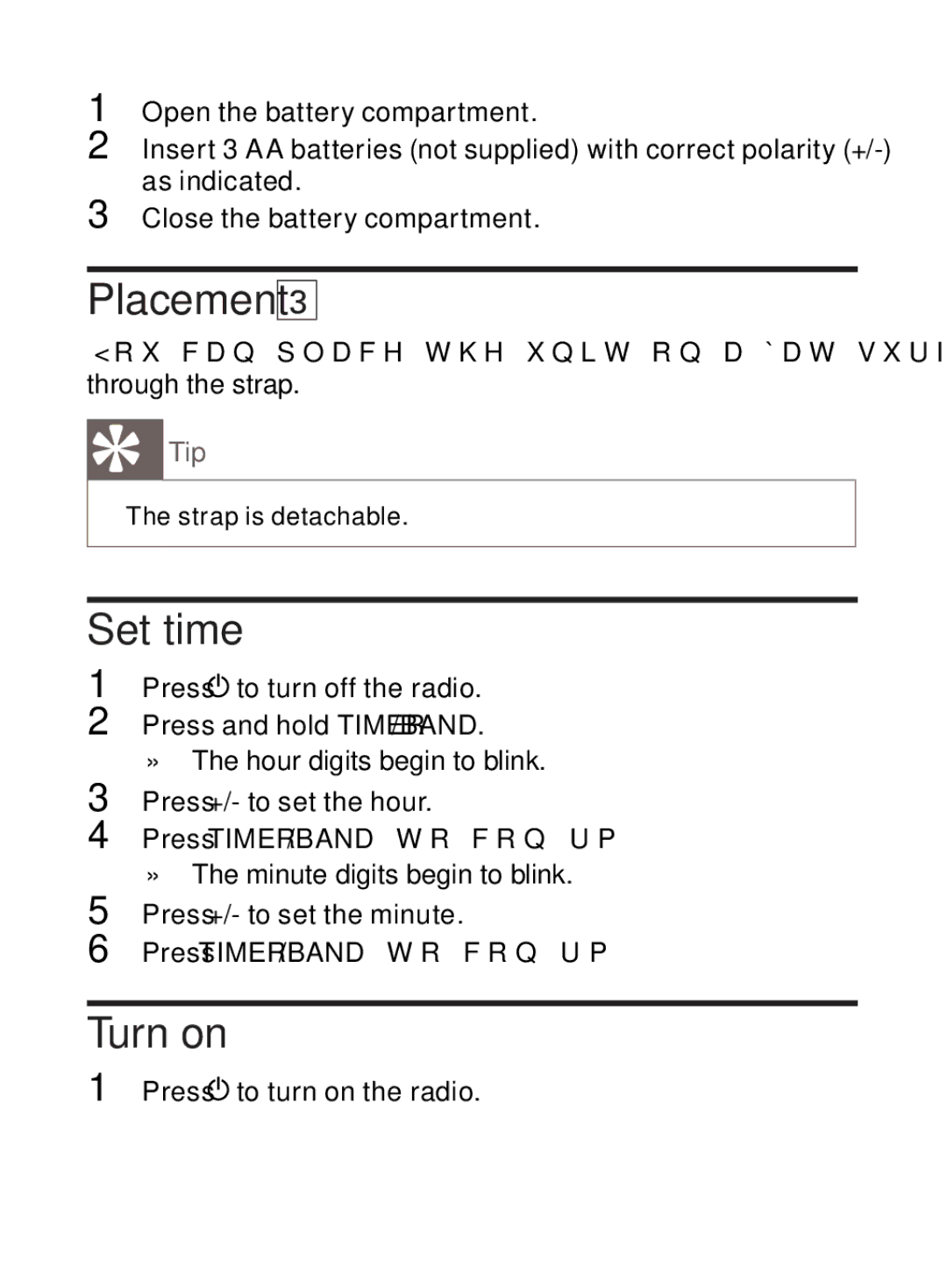 Philips AE3300 user manual Placement, Set time, Turn on 