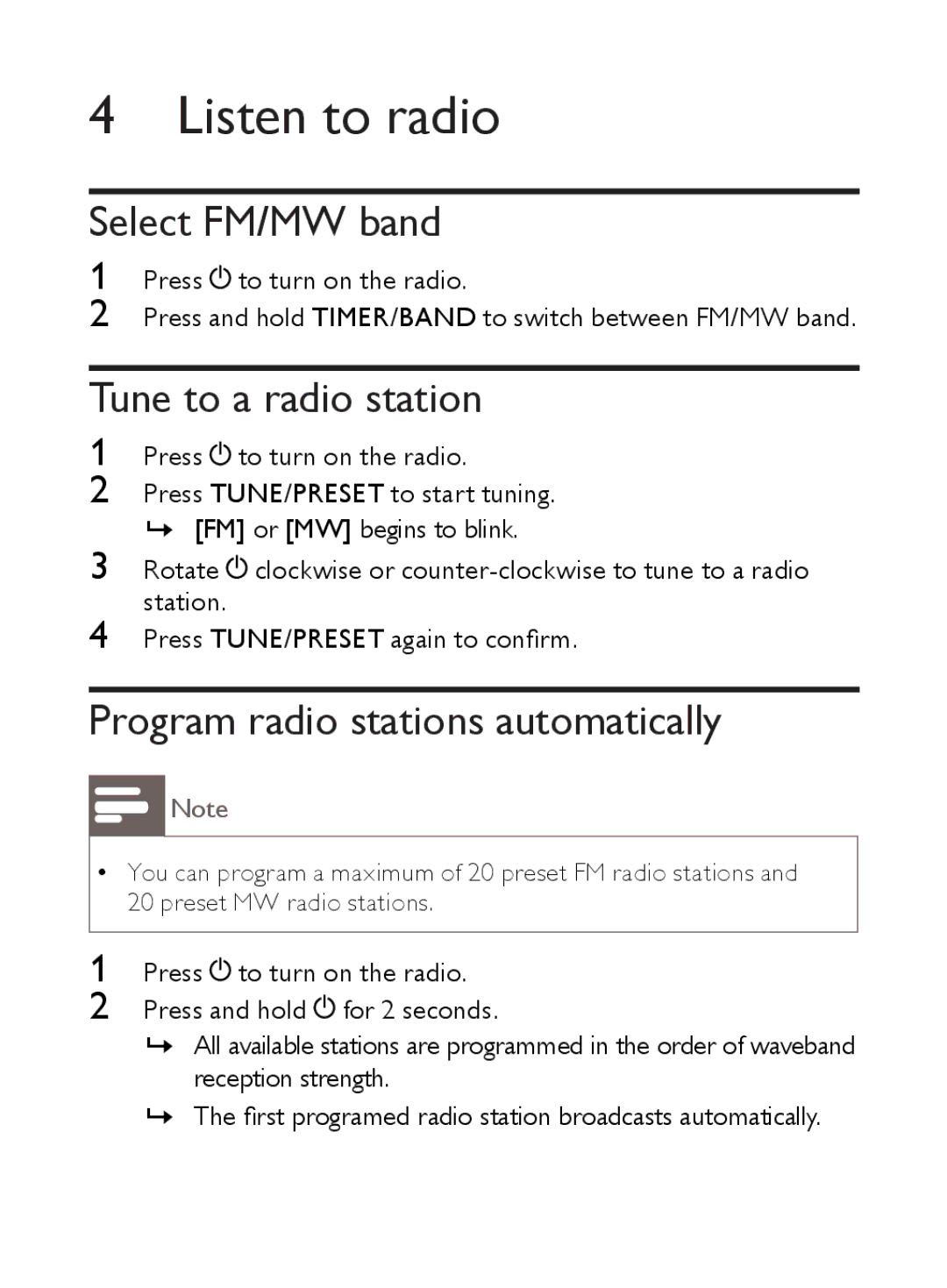 Philips AE3300 Listen to radio, Select FM/MW band, Tune to a radio station, Program radio stations automatically 