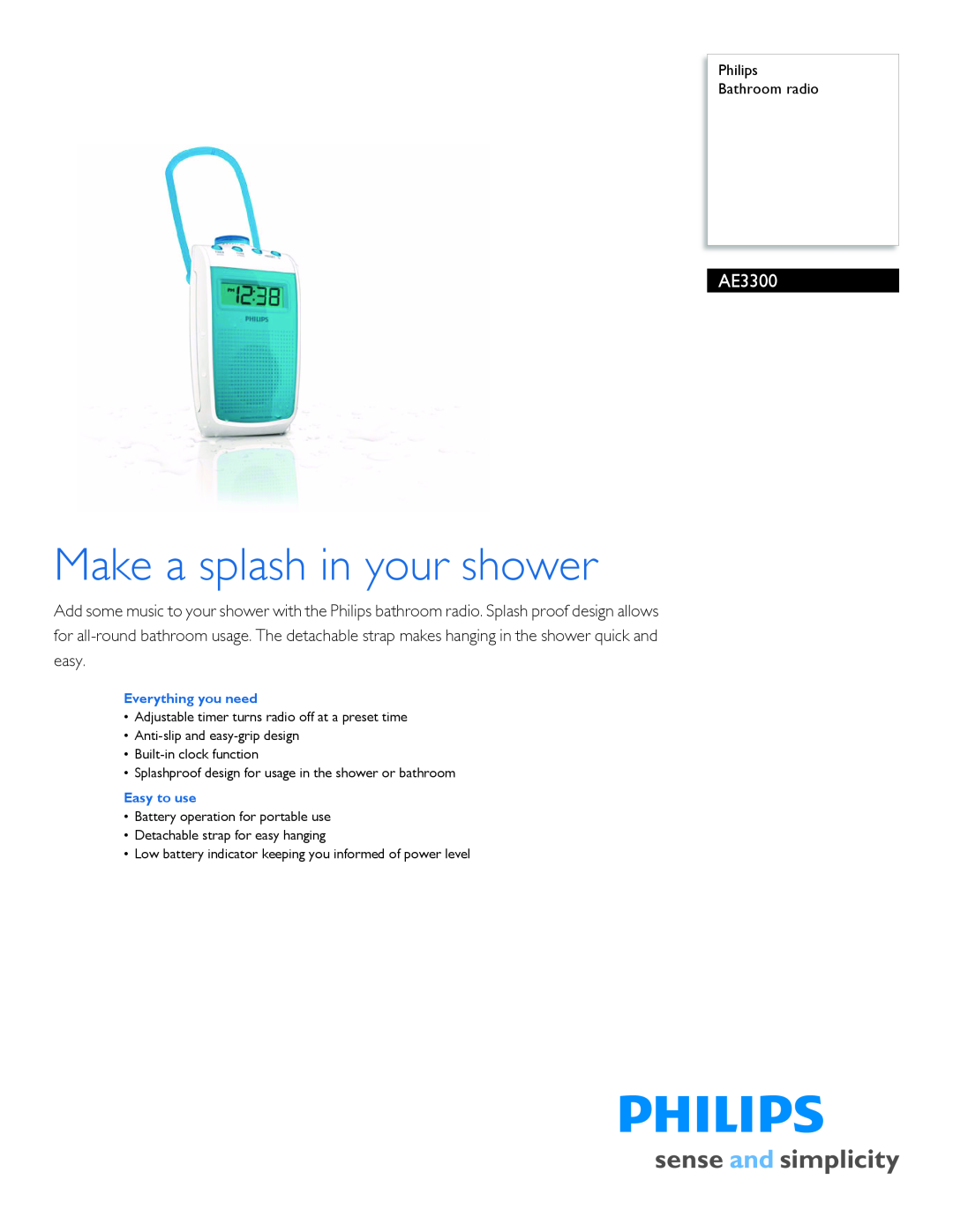 Philips AE3300 manual Philips Bathroom radio, Make a splash in your shower 