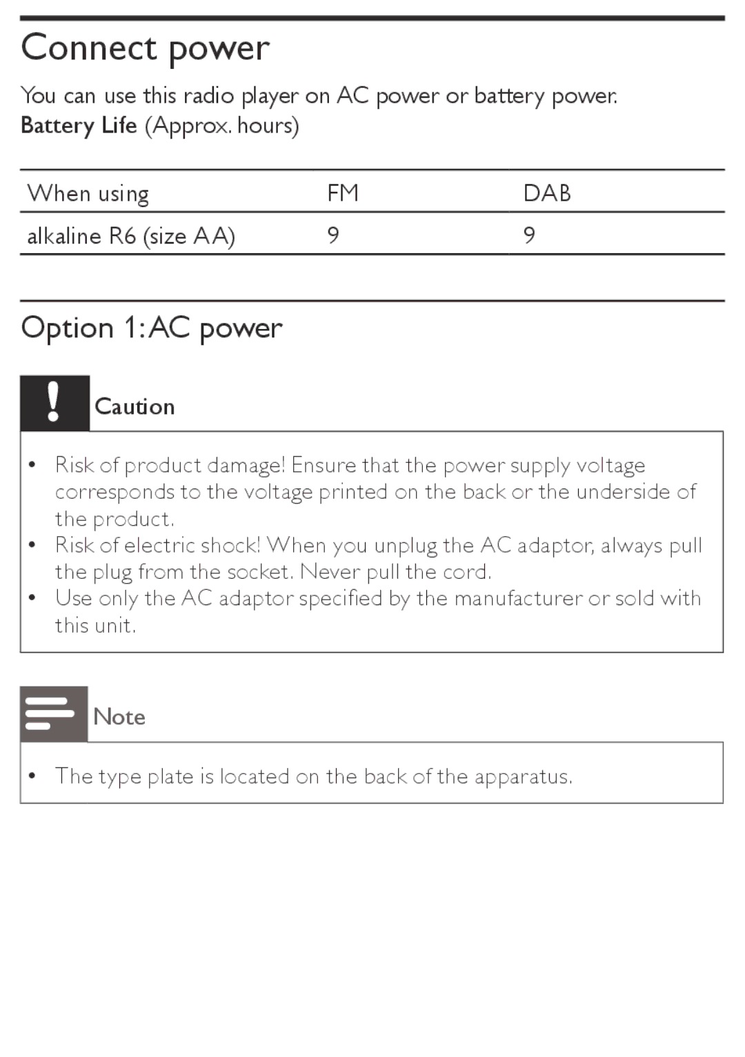 Philips AE4800 user manual Connect power, Option 1AC power 