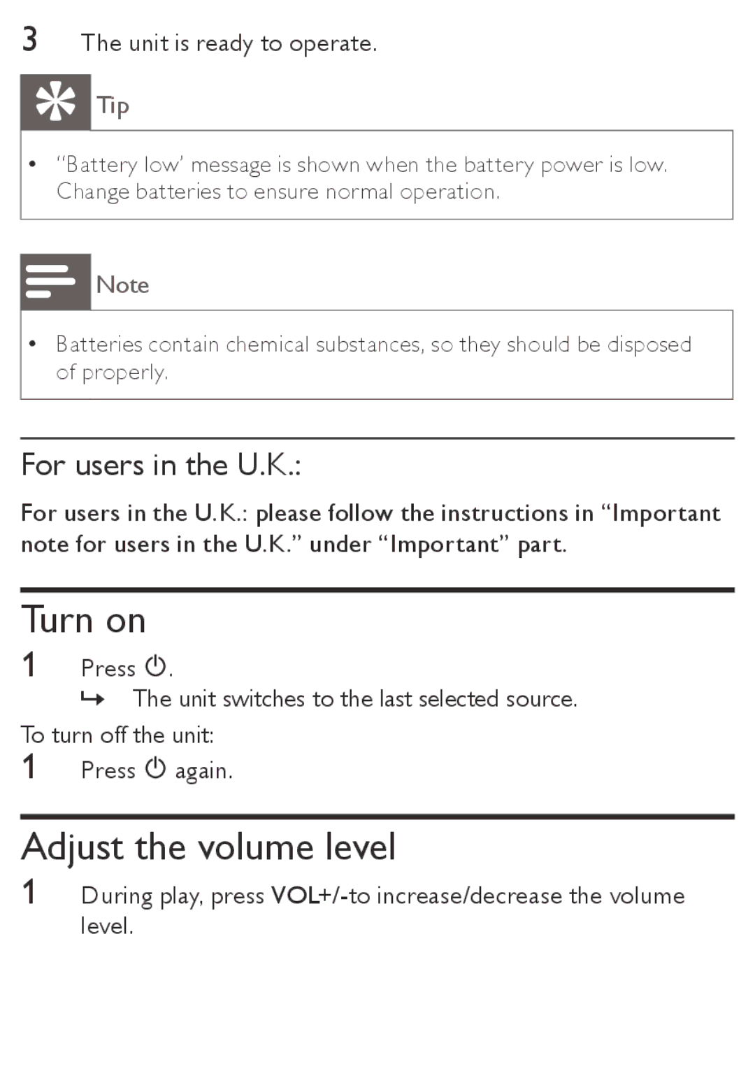 Philips AE4800 user manual Turn on, Adjust the volume level, For users in the U.K 