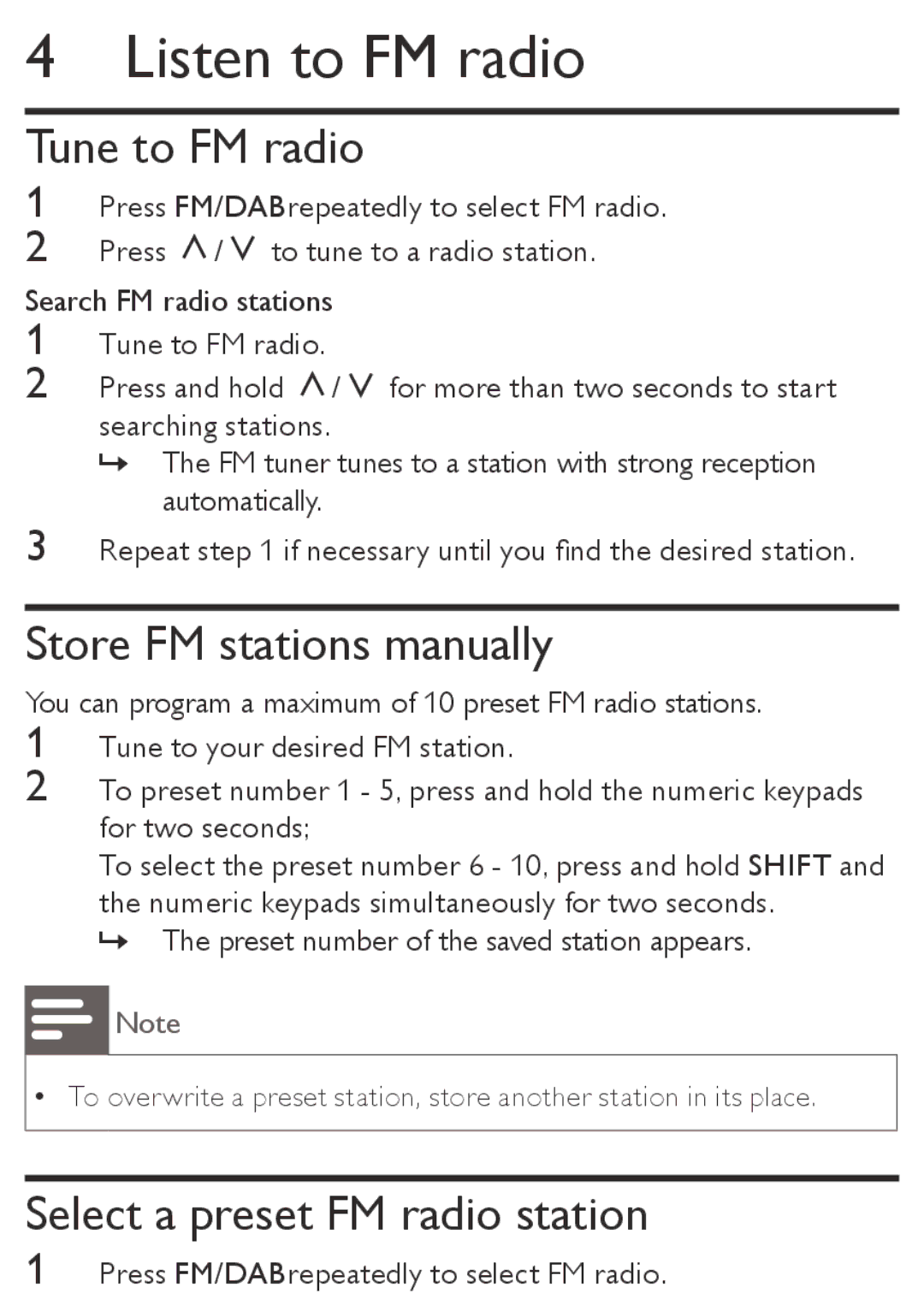 Philips AE4800 user manual Listen to FM radio, Tune to FM radio 