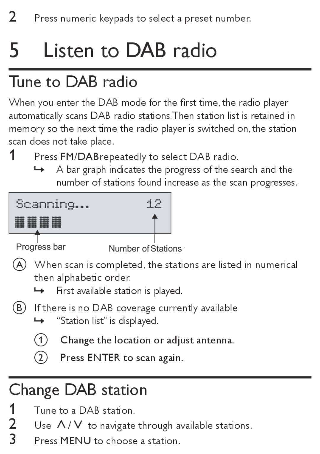 Philips AE4800 user manual Listen to DAB radio, Tune to DAB radio, Change DAB station 