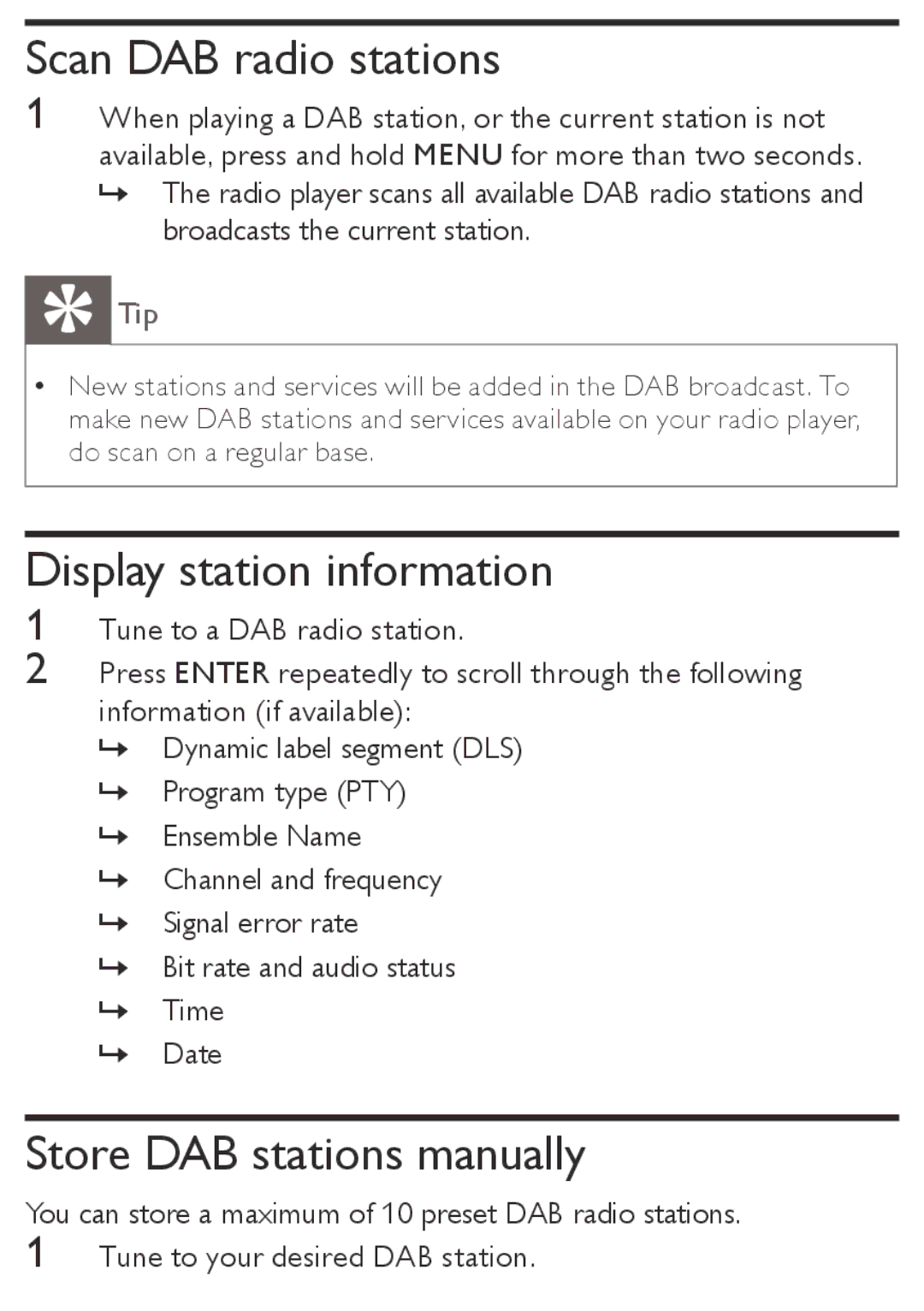 Philips AE4800 user manual Scan DAB radio stations, Display station information, Store DAB stations manually 