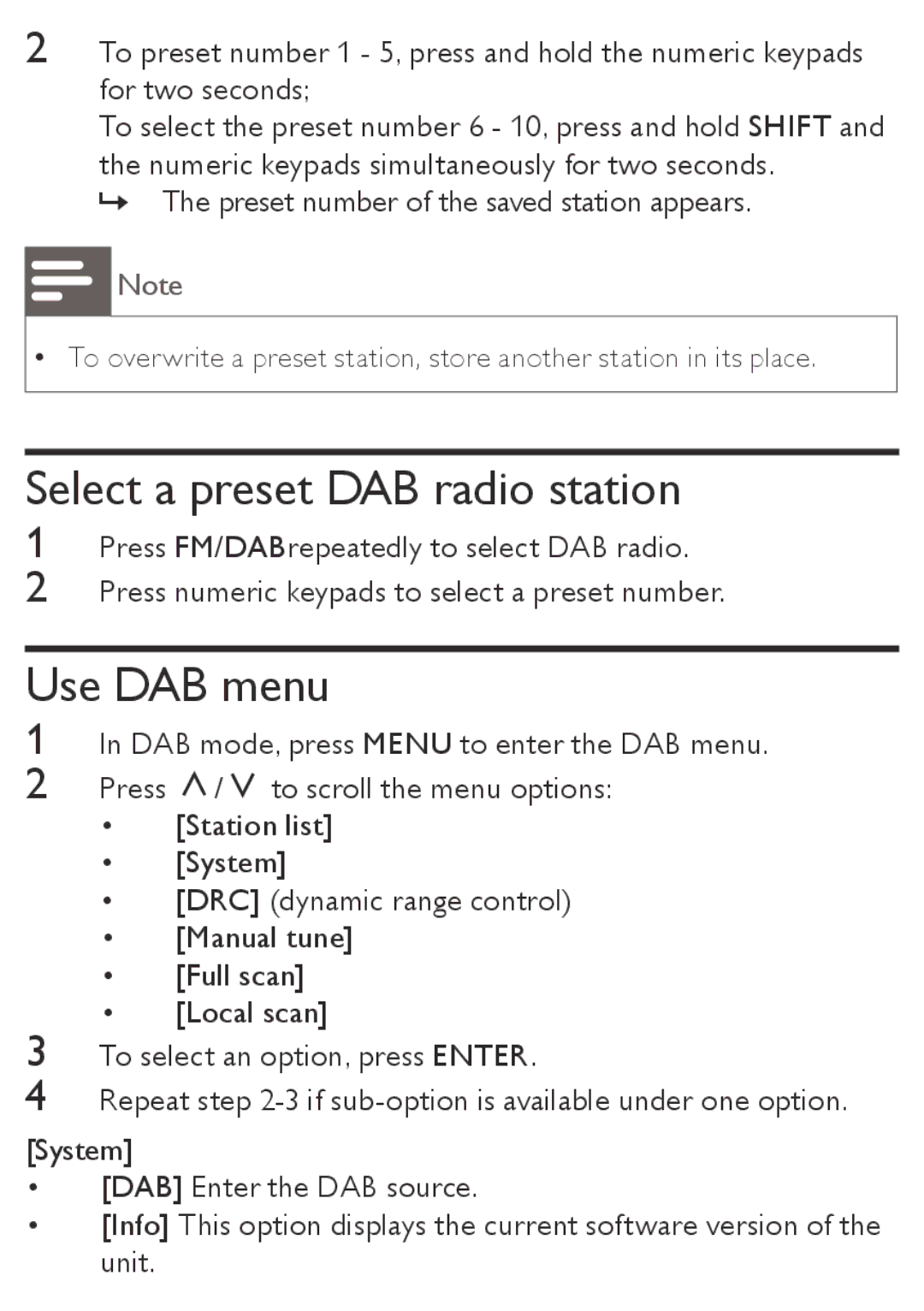 Philips AE4800 user manual Select a preset DAB radio station, Use DAB menu 