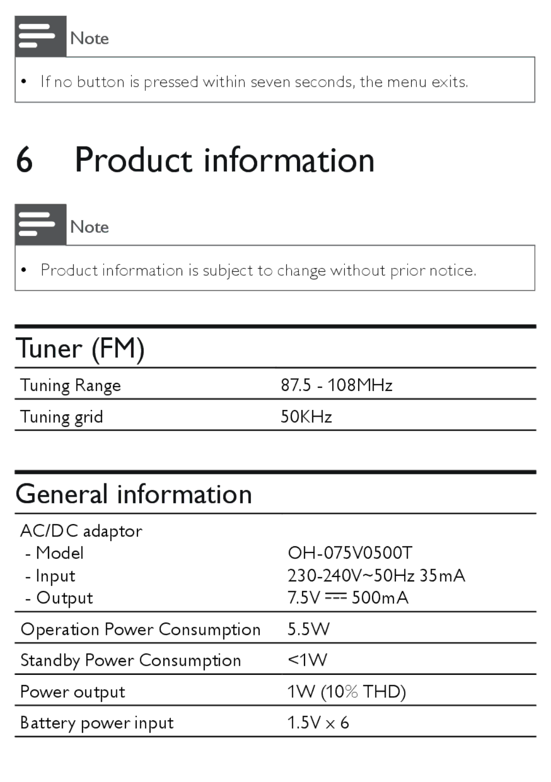 Philips AE4800 user manual Product information, Tuner FM, General information 