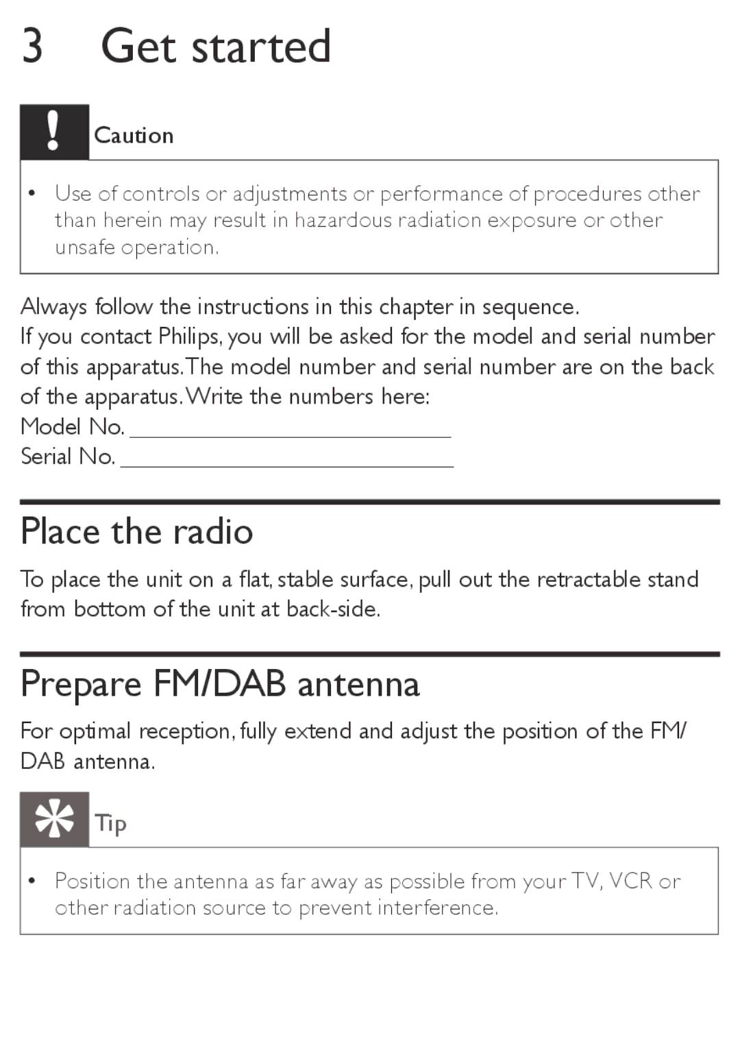 Philips AE4800 user manual Get started, Place the radio, Prepare FM/DAB antenna 