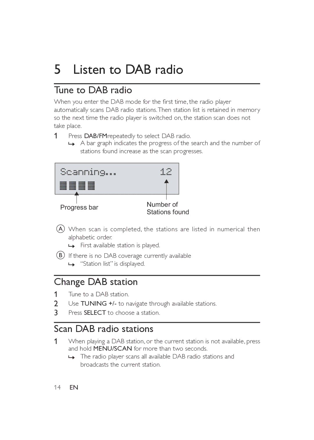 Philips AE5200/05 user manual Listen to DAB radio, Tune to DAB radio, Change DAB station, Scan DAB radio stations 