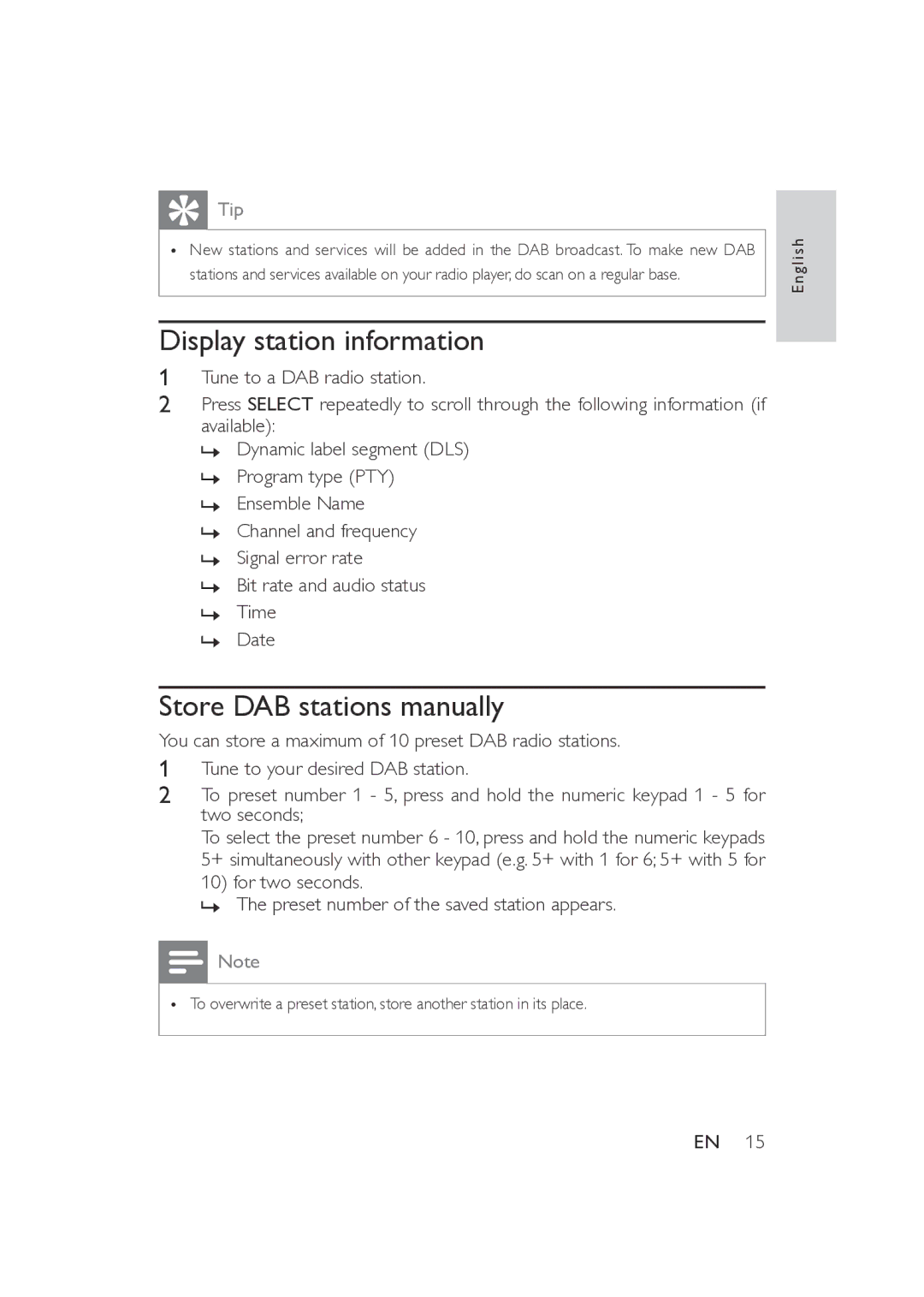 Philips AE5200/05 user manual Display station information, Store DAB stations manually 