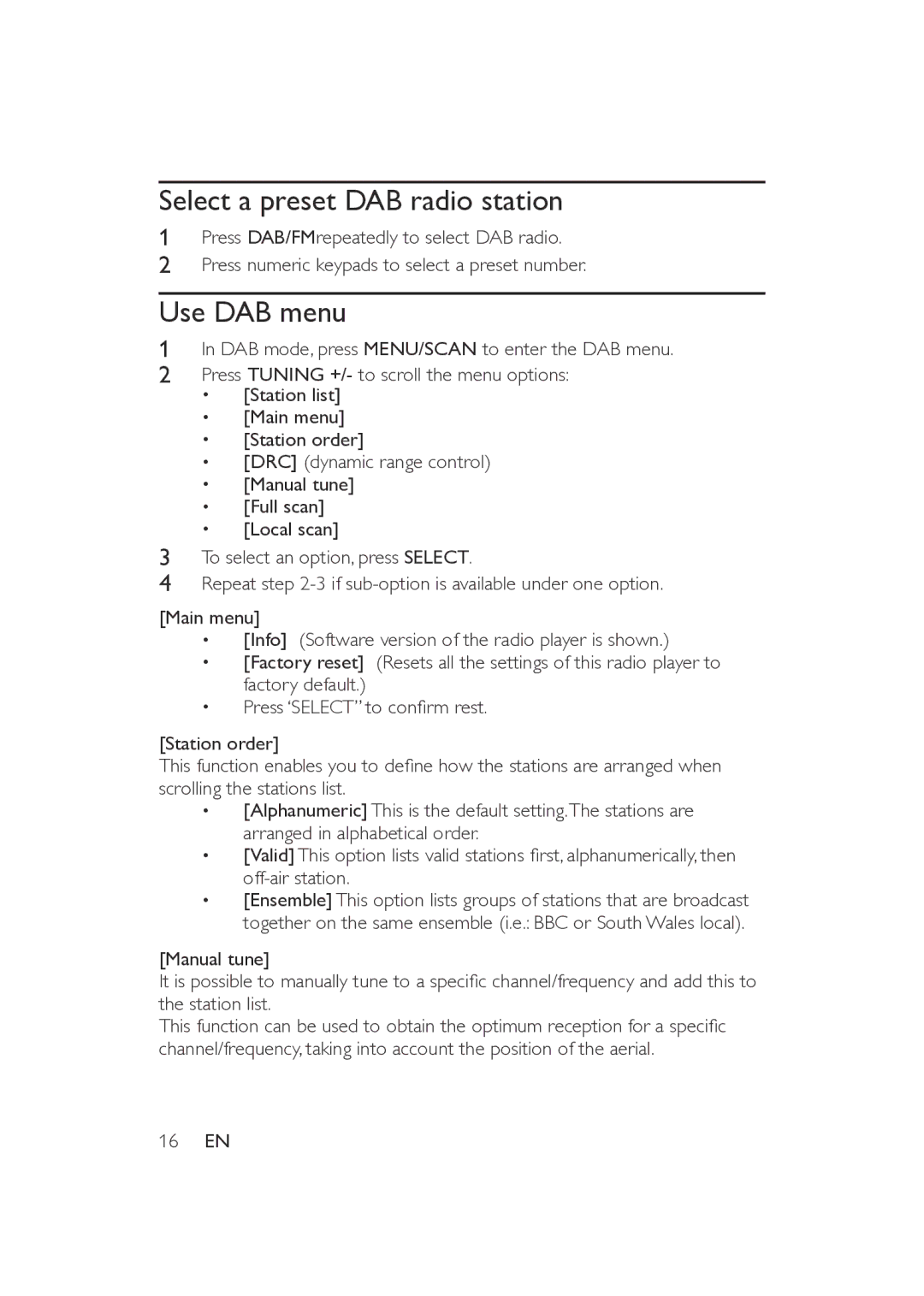 Philips AE5200/05 user manual Select a preset DAB radio station, Use DAB menu 