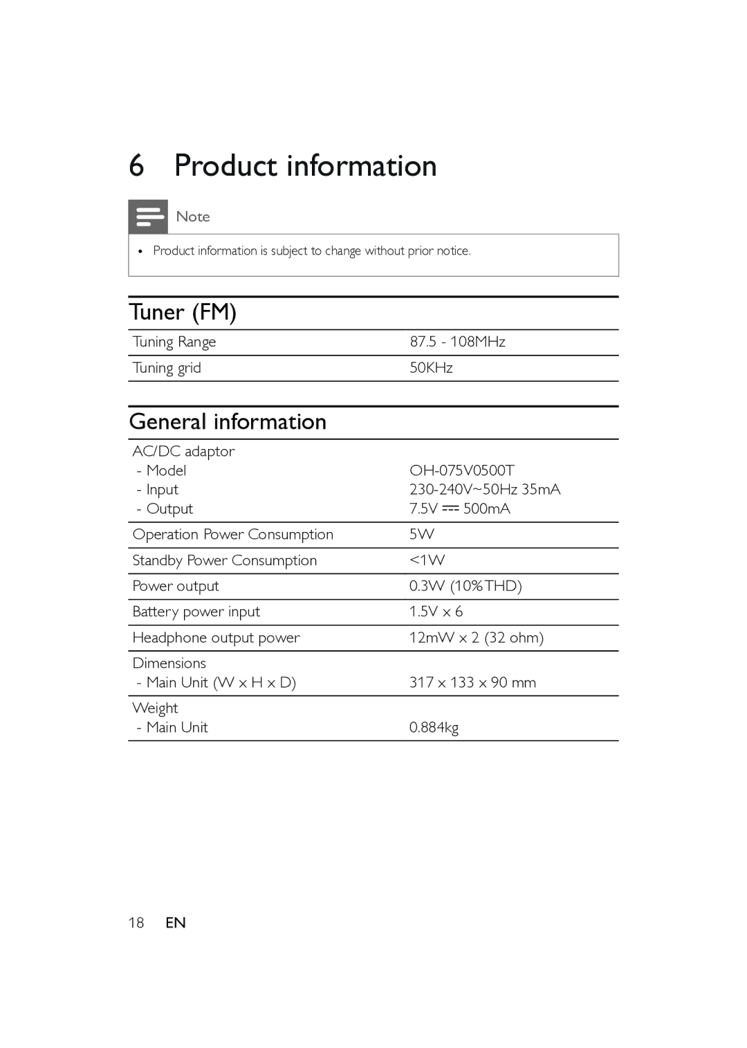 Philips AE5200/05 user manual Product information, Tuner FM, General information 