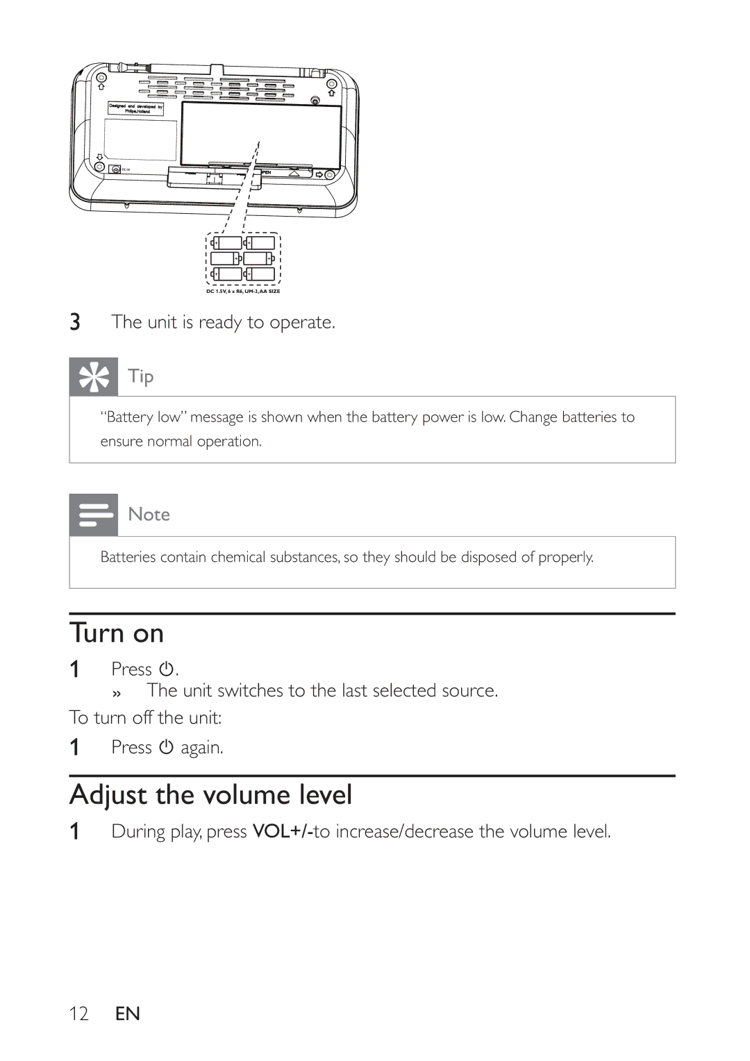 Philips AE5230/12 user manual Turn on, Adjust the volume level 