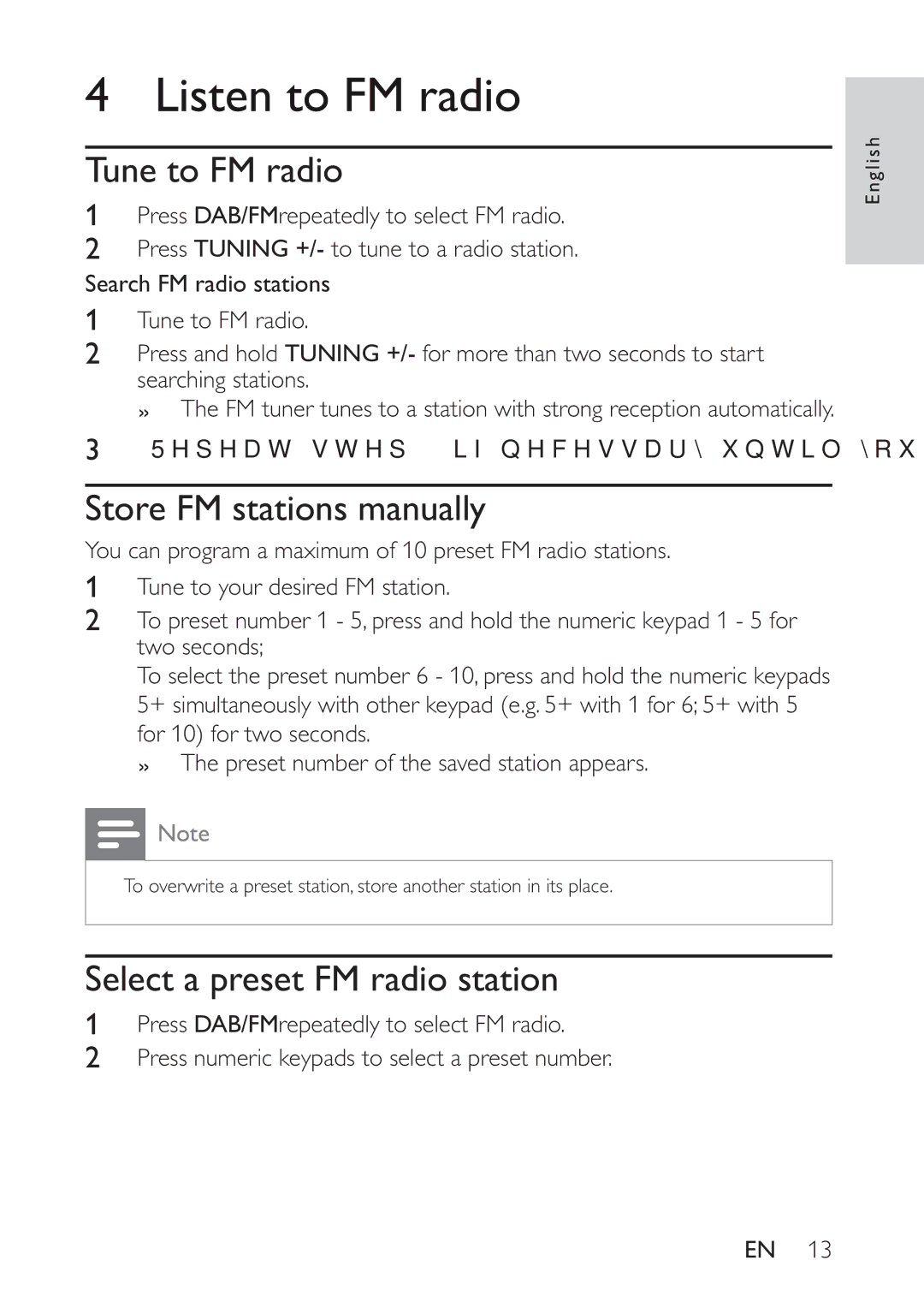 Philips AE5230/12 Listen to FM radio, Tune to FM radio, Store FM stations manually, Select a preset FM radio station 