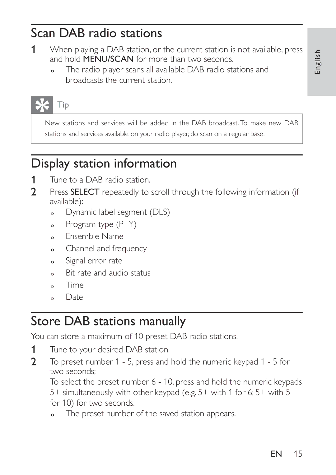 Philips AE5230/12 user manual Scan DAB radio stations, Display station information, Store DAB stations manually 