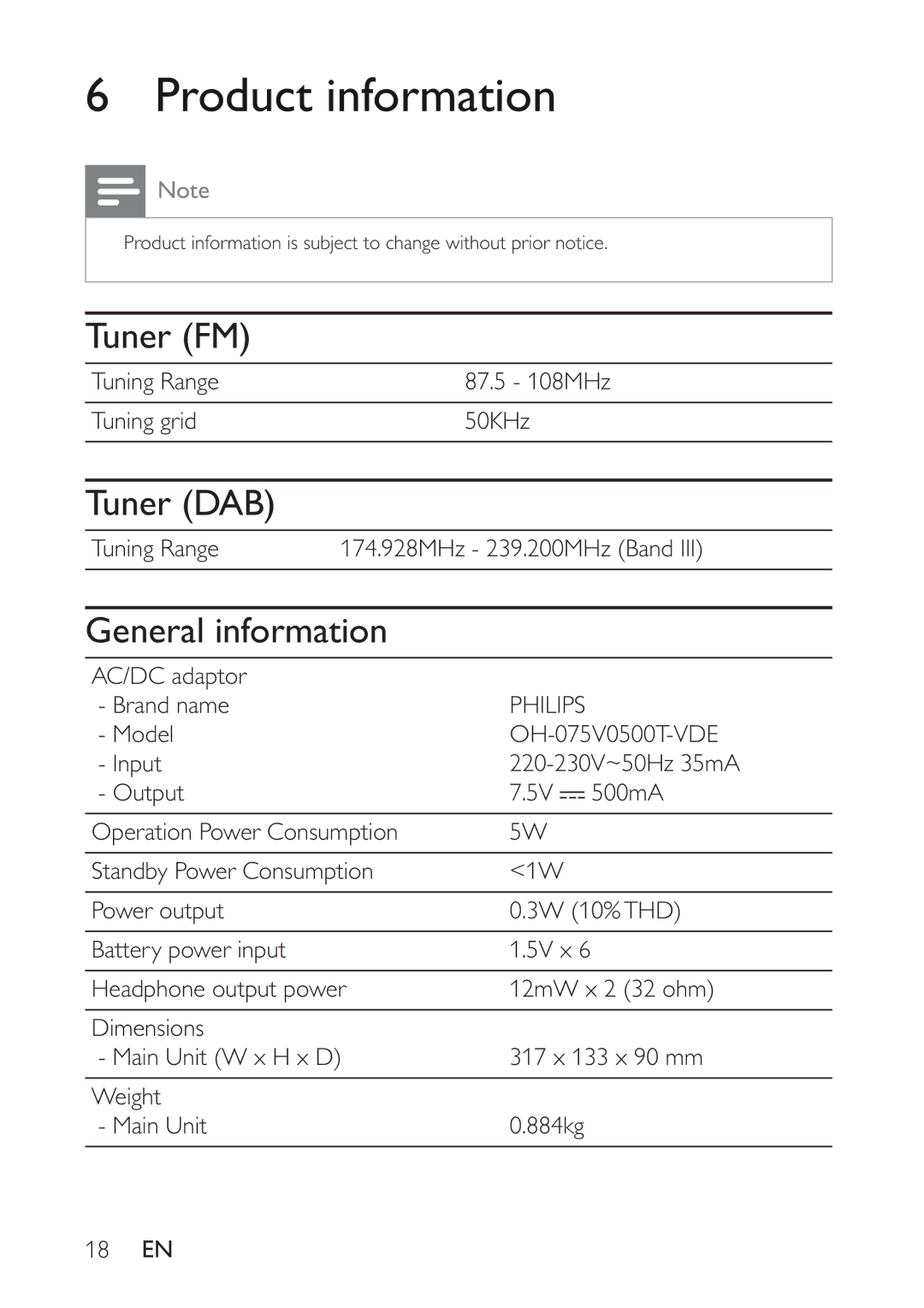 Philips AE5230/12 user manual Product information, Tuner FM, Tuner DAB, General information, Philips 