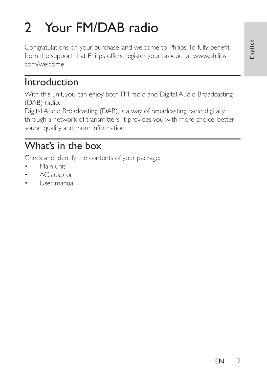 Philips AE5230/12 user manual Your FM/DAB radio, Introduction, What’s in the box 