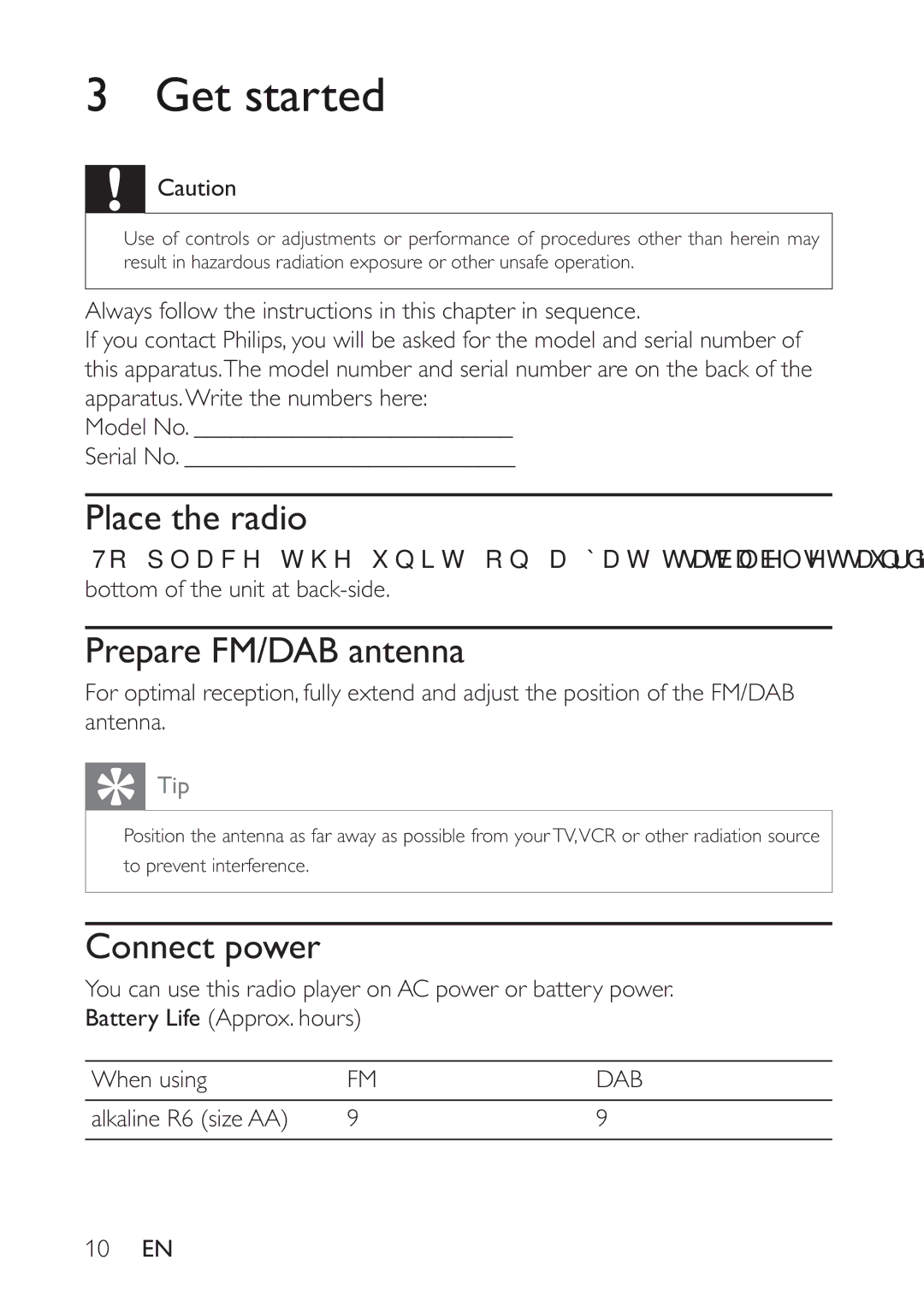 Philips AE5230/12 user manual Get started, Place the radio, Prepare FM/DAB antenna, Connect power, Dab 