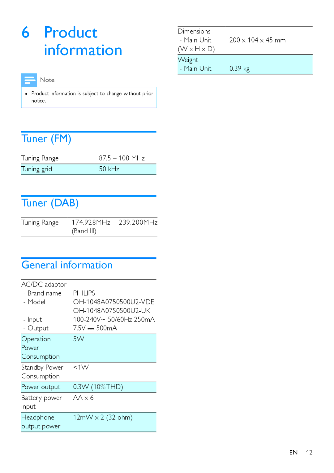 Philips AE5250 user manual Product information, Tuner FM, Tuner DAB, General information, Philips 