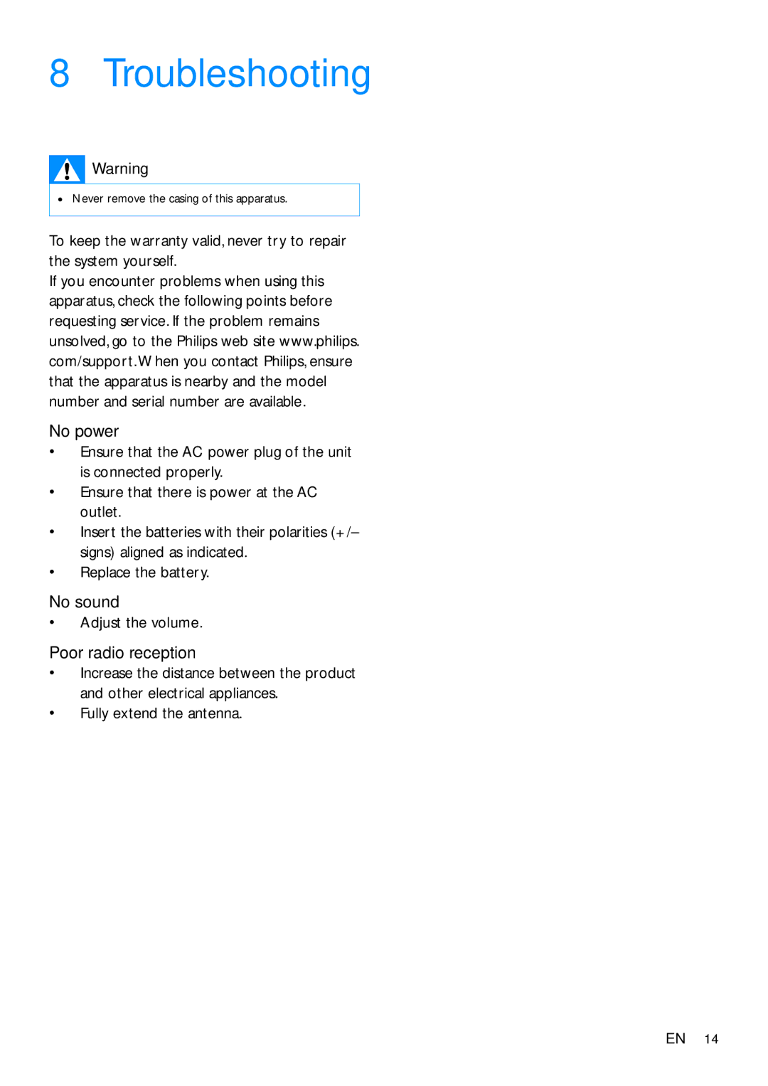 Philips AE5250 user manual Troubleshooting, Fully extend the antenna 