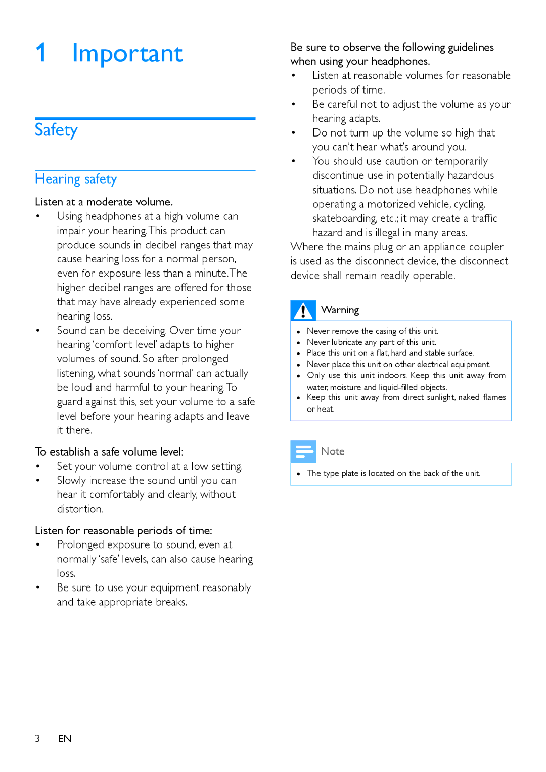 Philips AE5250 user manual Safety, Listen at a moderate volume 