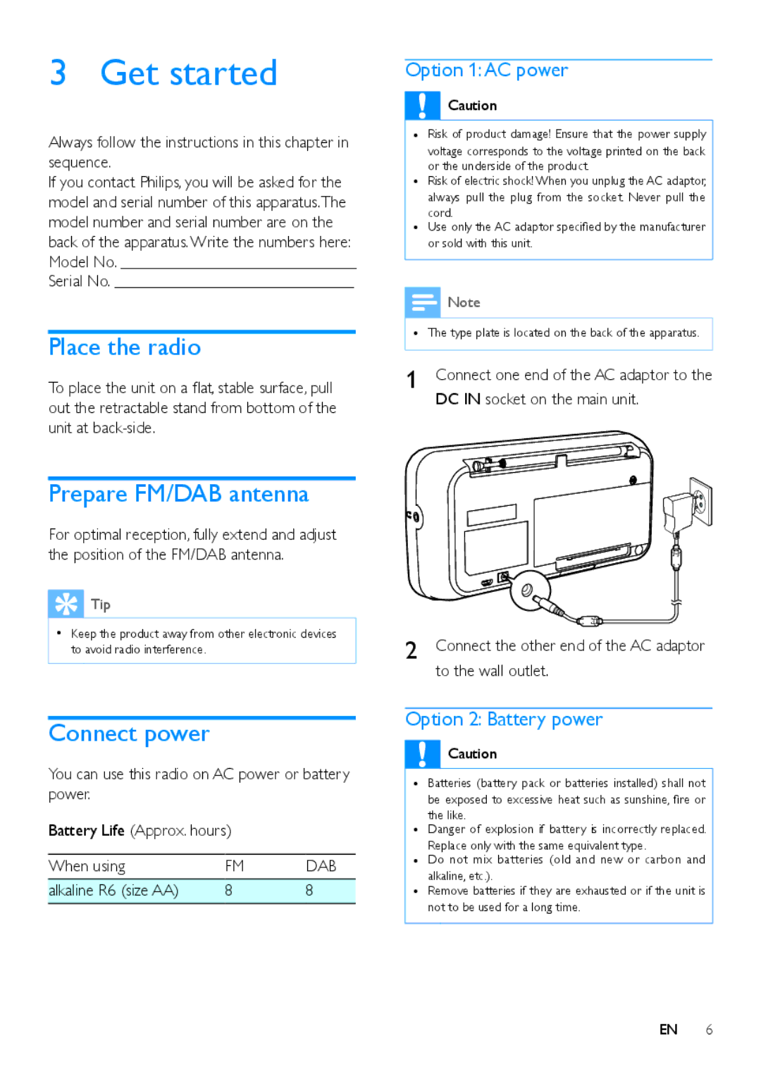 Philips AE5250 user manual Get started, Place the radio, Prepare FM/DAB antenna, Connect power, Dab 