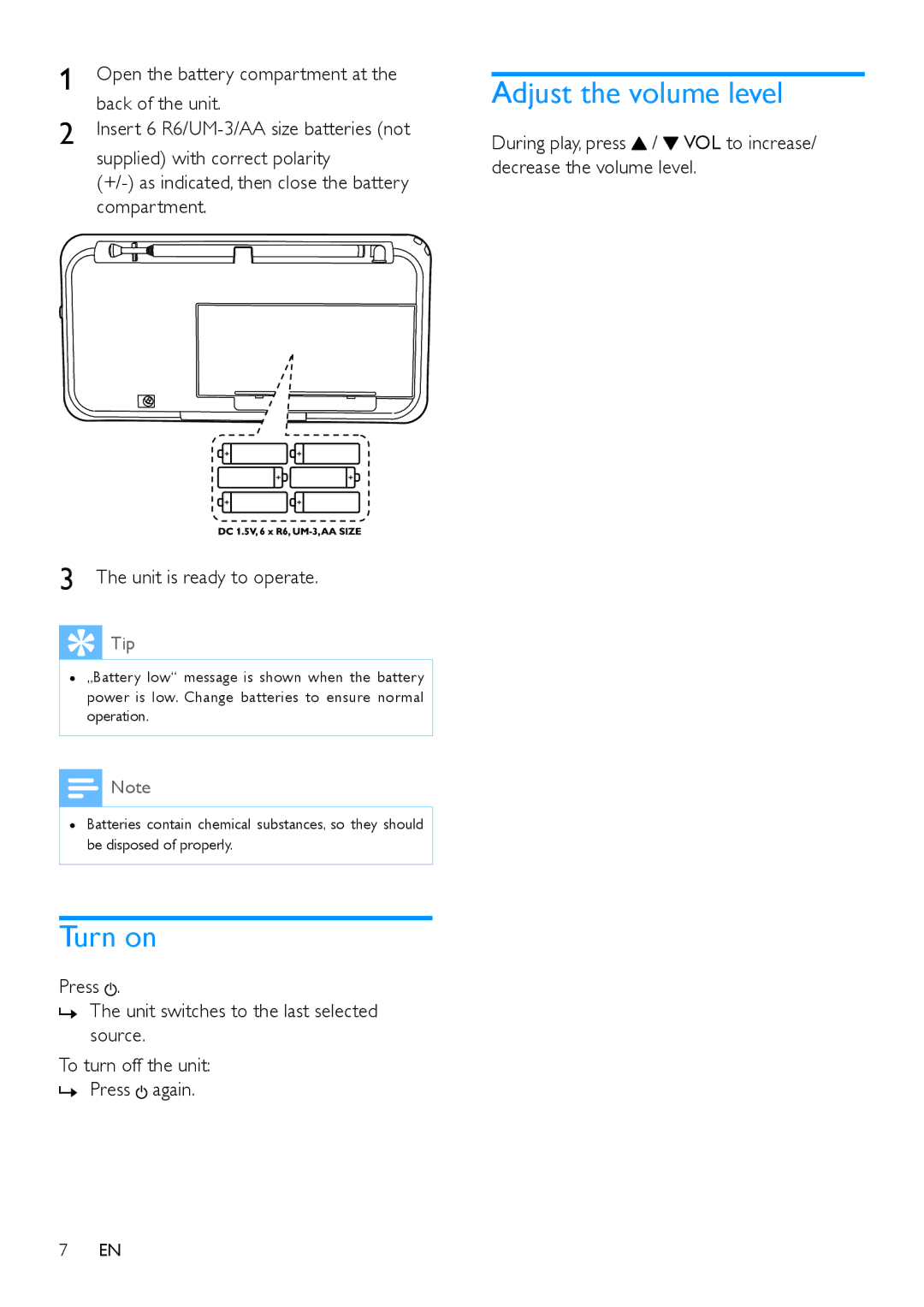 Philips AE5250 user manual Turn on, Adjust the volume level, Back of the unit 