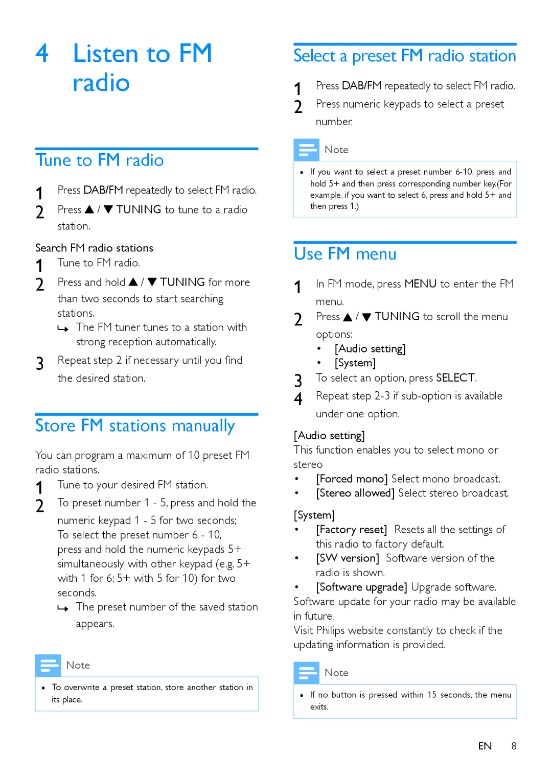 Philips AE5250 user manual Listen to FM radio, Tune to FM radio, Store FM stations manually, Use FM menu 