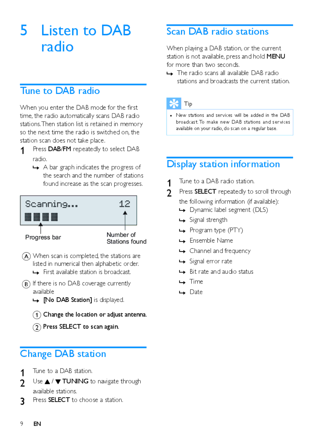 Philips AE5250 user manual Listen to DAB radio, Tune to DAB radio, Change DAB station, Scan DAB radio stations 