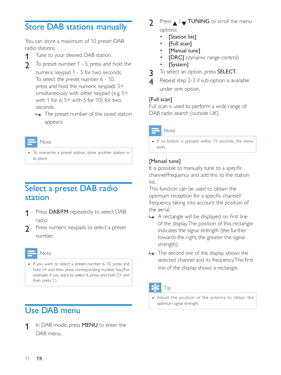 Philips AE5250 user manual Store DAB stations manually, Select a preset DAB radio station, Use DAB menu 