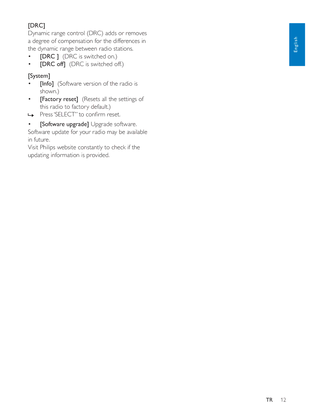 Philips AE5250 user manual Drc, System Info Software version of the radio is shown 