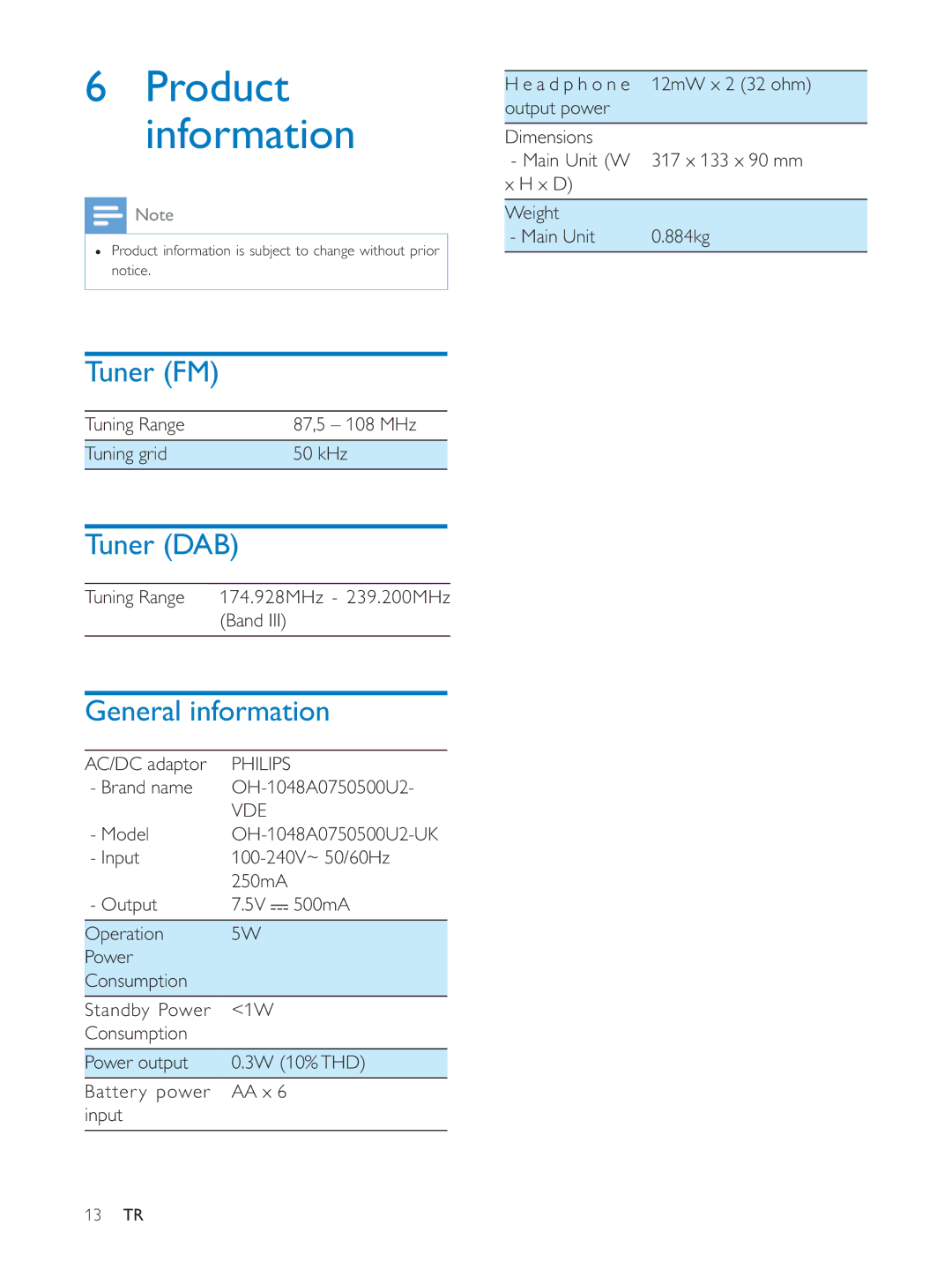 Philips AE5250 user manual Product information, Tuner FM, Tuner DAB, General information 