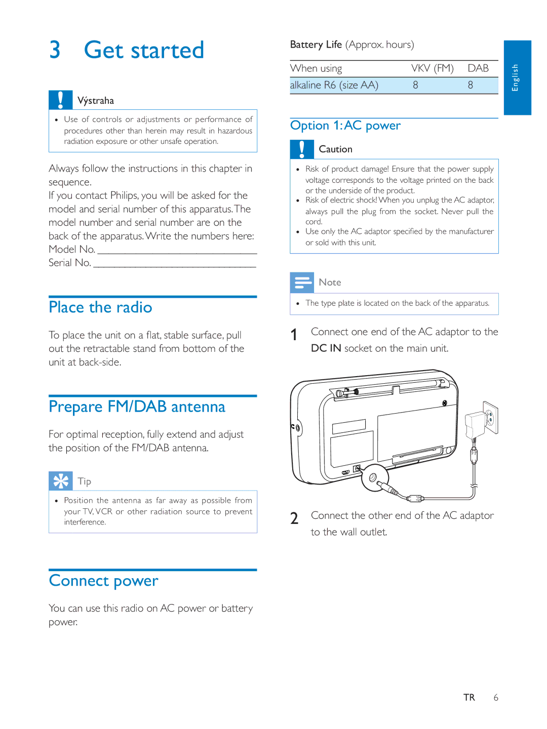 Philips AE5250 user manual Get started, Place the radio, Prepare FM/DAB antenna, Connect power 