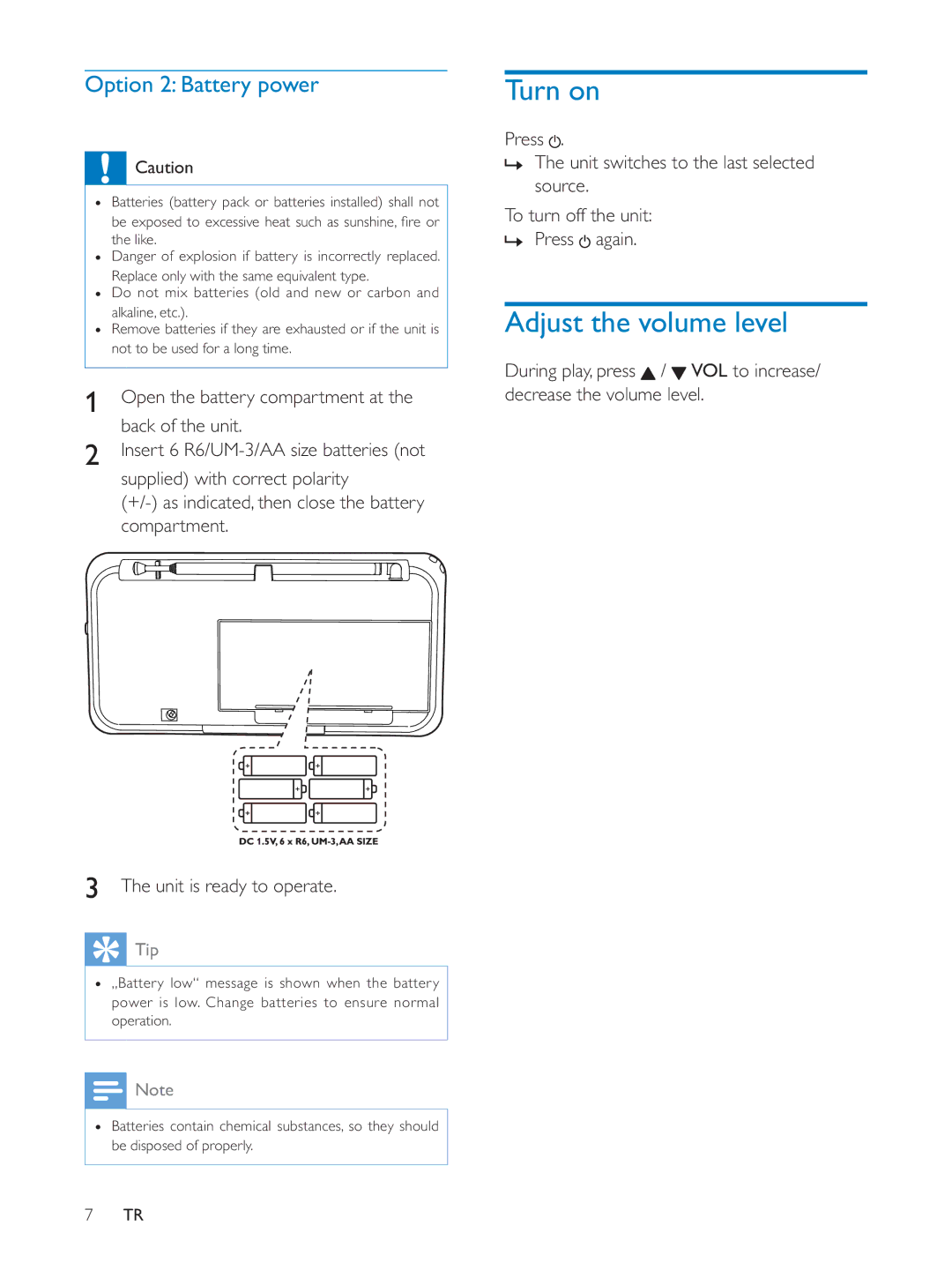 Philips AE5250 user manual Turn on, Adjust the volume level 