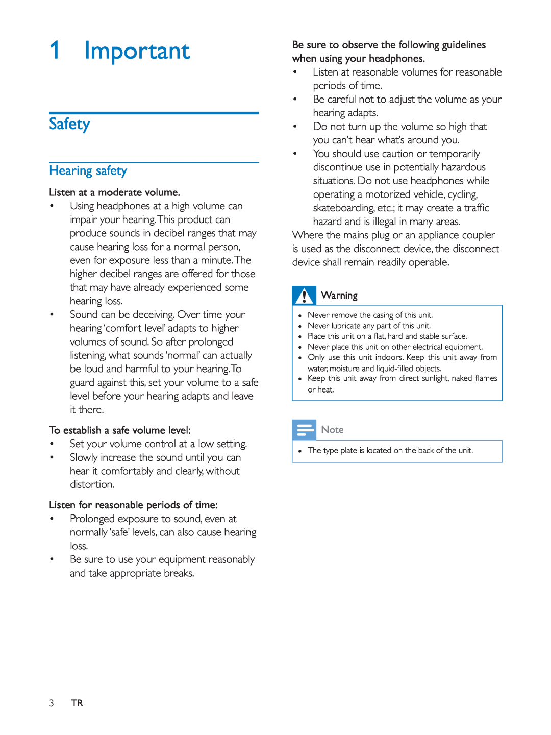 Philips AE5250 user manual Safety, Hearing safety 