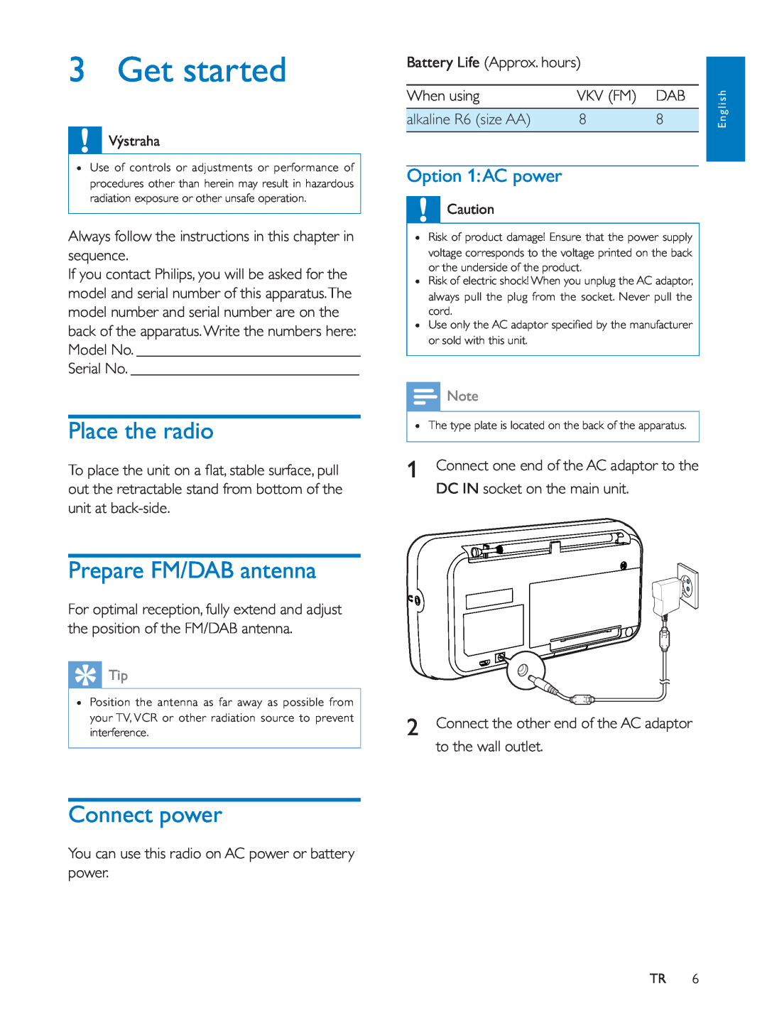 Philips AE5250 user manual Get started, Place the radio, Prepare FM/DAB antenna, Connect power, Option 1 AC power 