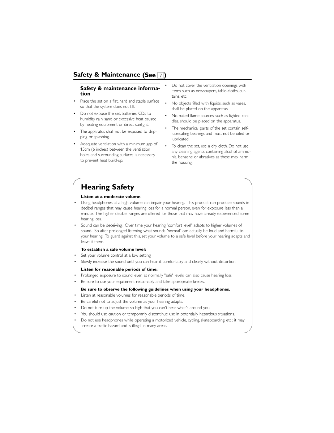 Philips AE5900 user manual Safety & Maintenance See, Safety & maintenance informa- tion, Listen at a moderate volume 