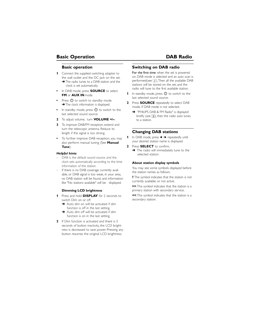 Philips AE5900 user manual Basic Operation, Basic operation, Switching on DAB radio, Changing DAB stations 