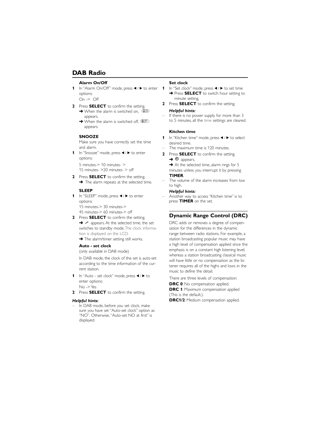 Philips AE5900 user manual Dynamic Range Control DRC, Alarm On/Off, Auto set clock, Set clock, Kitchen time 