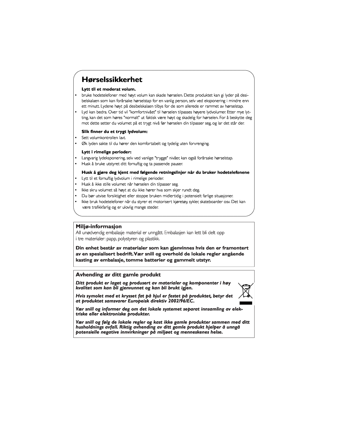 Philips AE5900 user manual Hørselssikkerhet, Miljø-informasjon, Avhending av ditt gamle produkt 