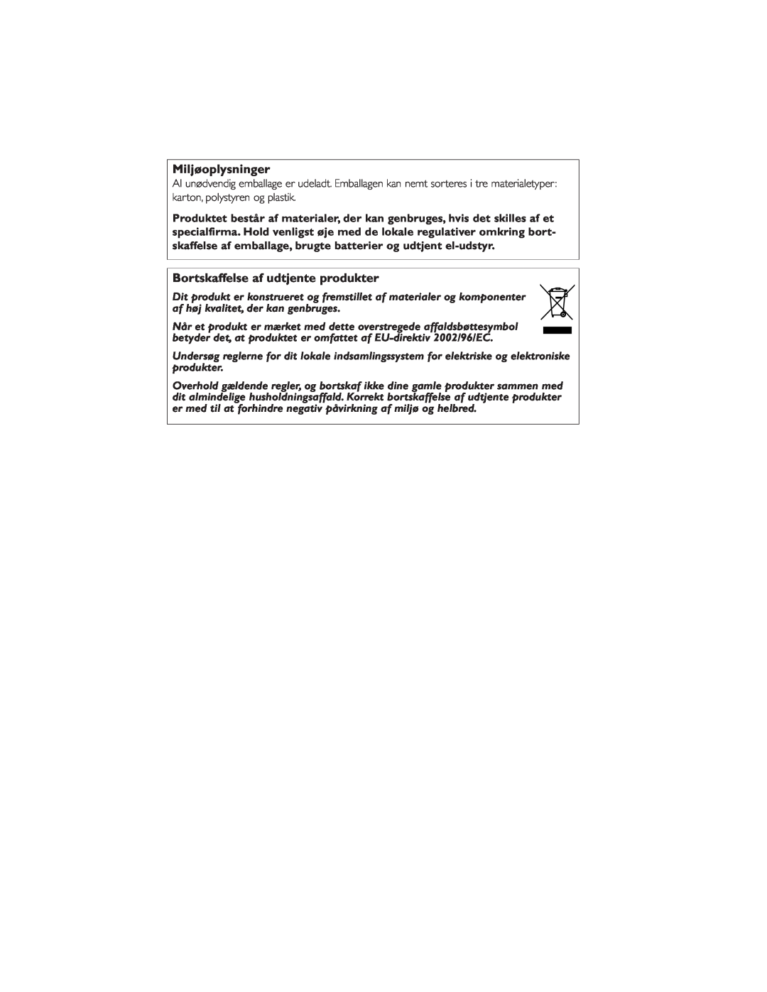 Philips AE5900 user manual Miljøoplysninger, Bortskaffelse af udtjente produkter 