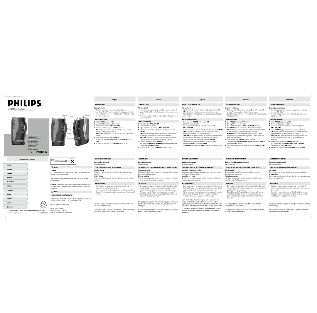 Philips AE6360 manual Power Supply, Radio Reception, Alimentation, Reception Radio, Tuning, Fuente DE Alimentacion 